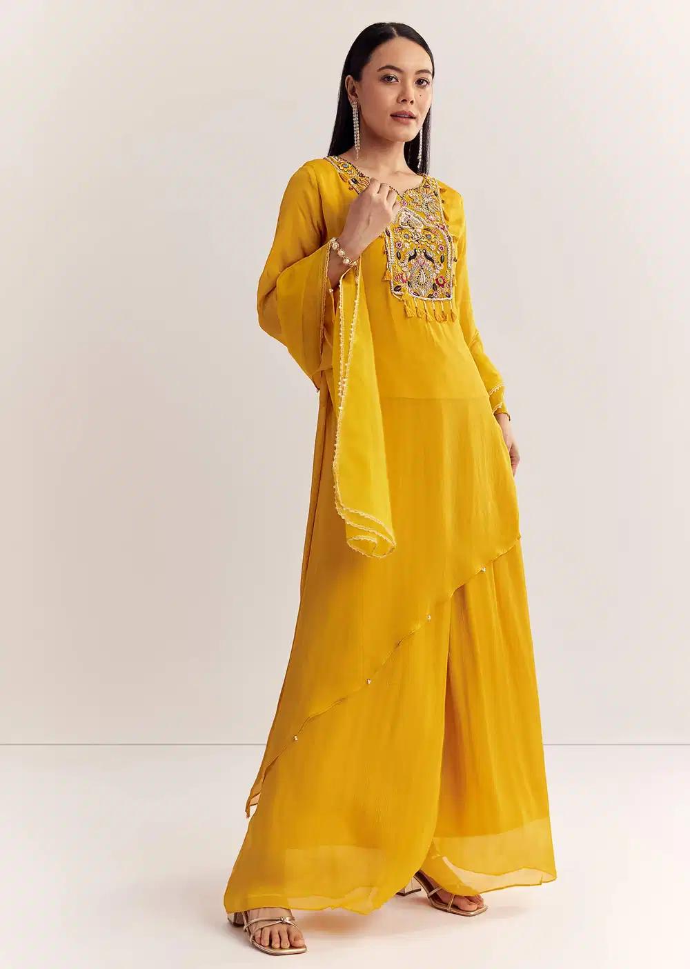 Mustard Chinon Asymmetrical Embroidered Kurta Ensemble With Dupatta Outfit