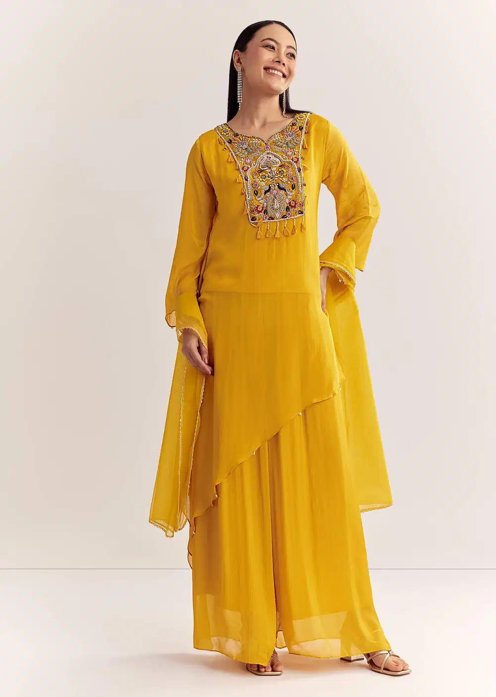 Mustard Chinon Asymmetrical Embroidered Kurta Ensemble With Dupatta Outfit
