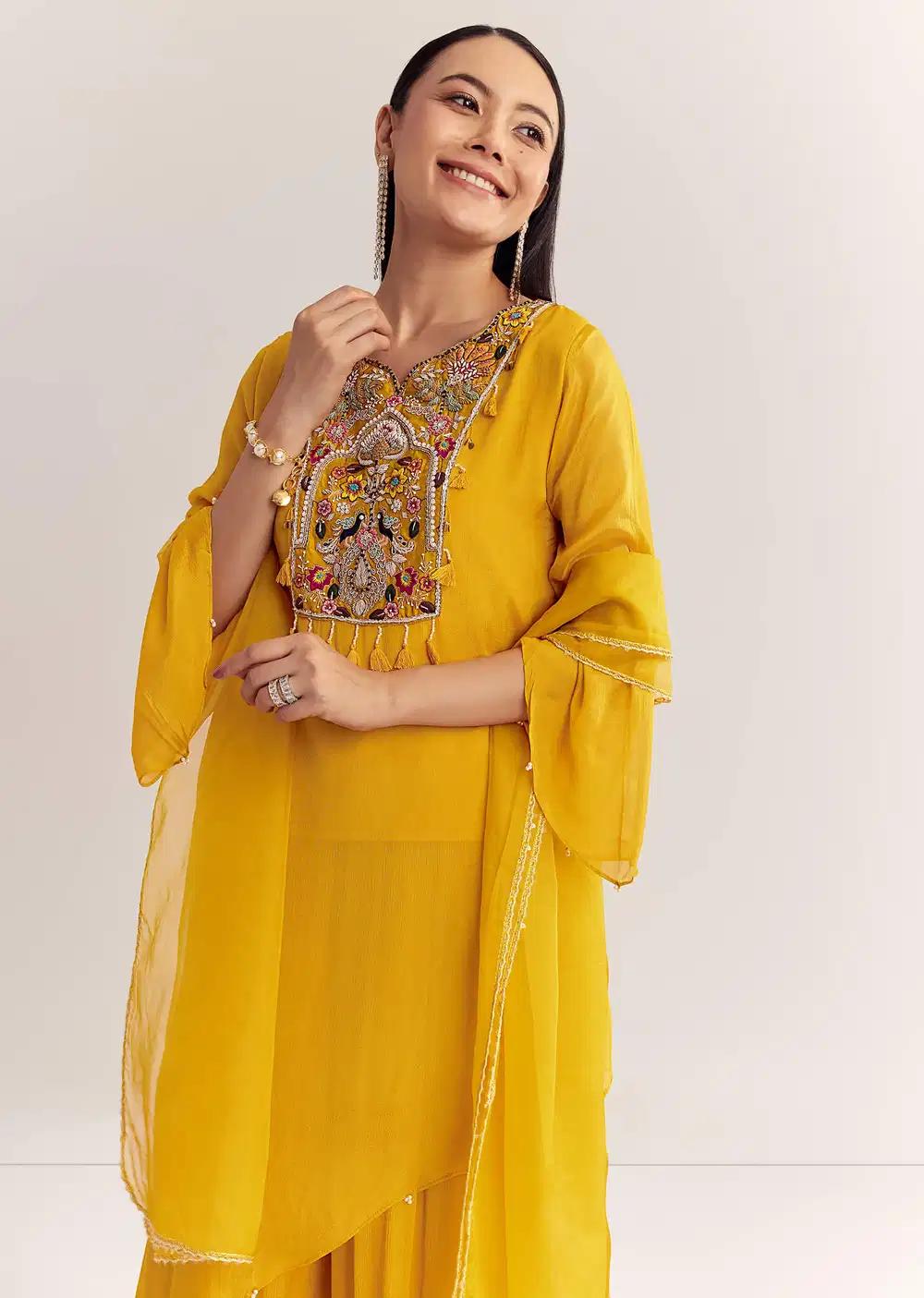 Mustard Chinon Asymmetrical Embroidered Kurta Ensemble With Dupatta Outfit
