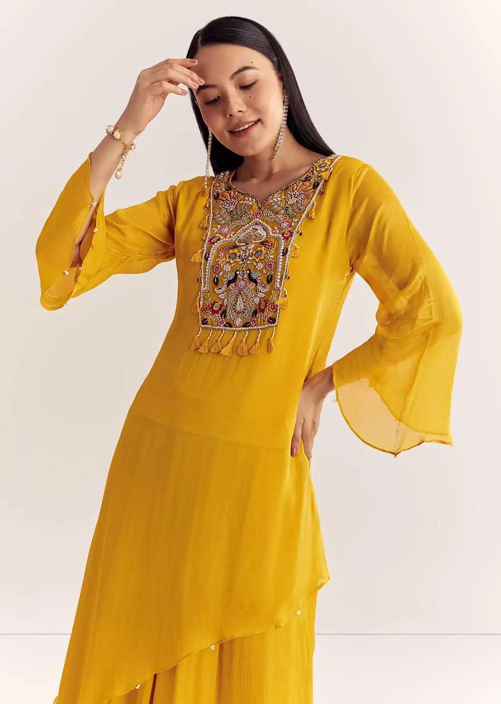 Mustard Chinon Asymmetrical Embroidered Kurta Ensemble With Dupatta Outfit