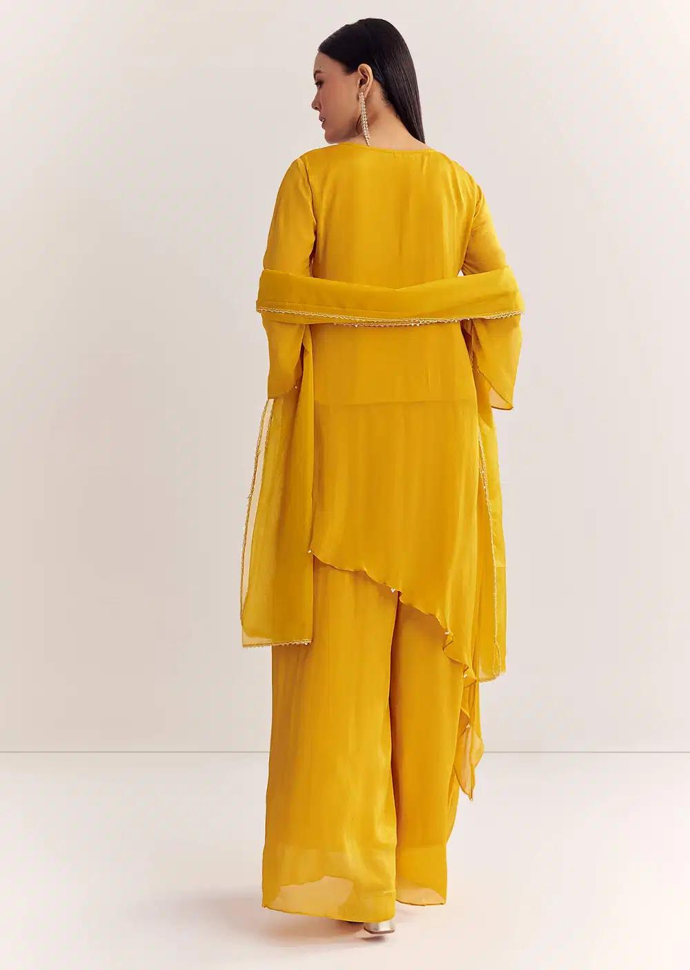 Mustard Chinon Asymmetrical Embroidered Kurta Ensemble With Dupatta Outfit