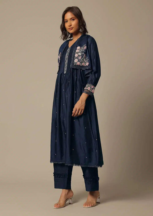 Navy Blue Cotton Pant Ensemble With Pearl Work