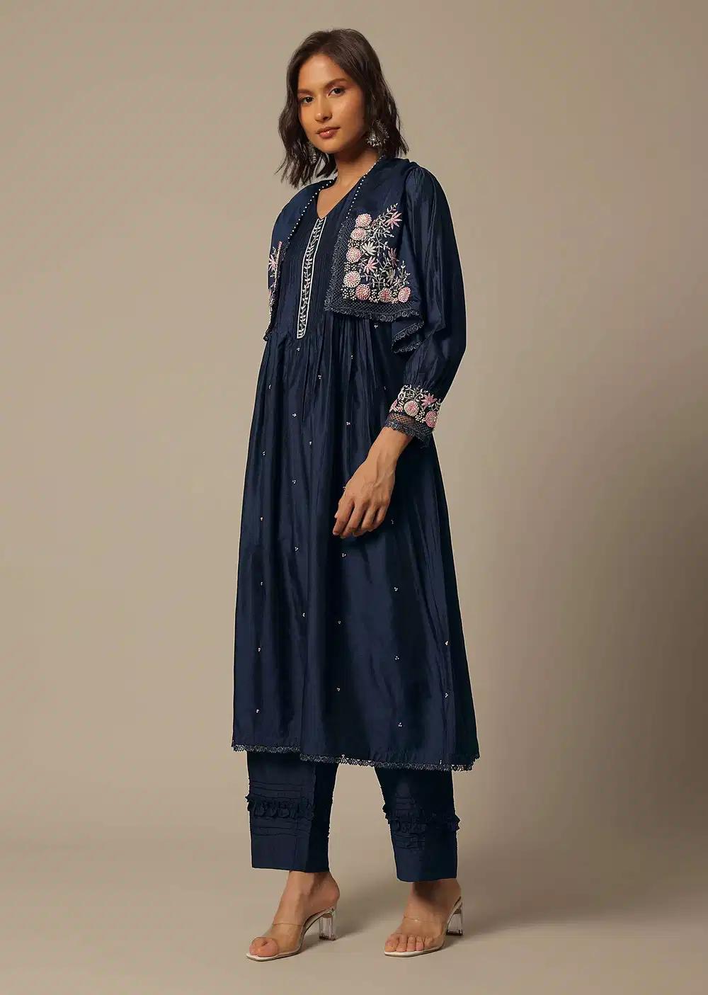 Navy Blue Cotton Pant Ensemble With Pearl Work