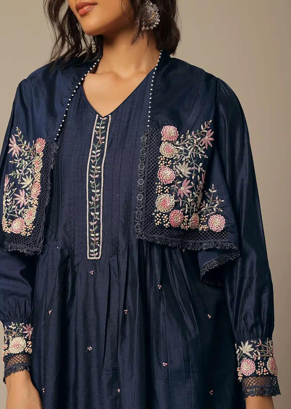 Navy Blue Cotton Pant Ensemble With Pearl Work