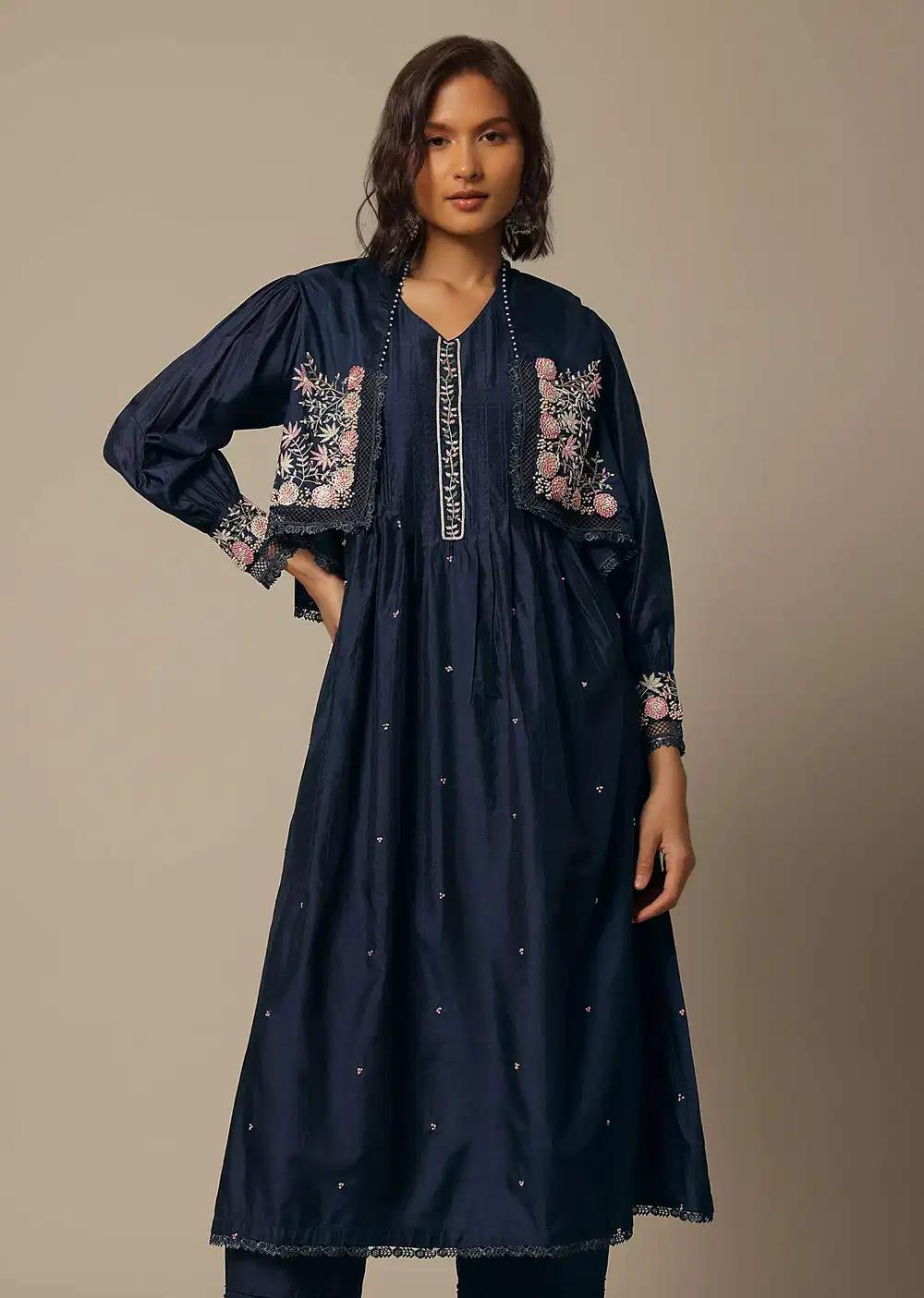 Navy Blue Cotton Pant Ensemble With Pearl Work