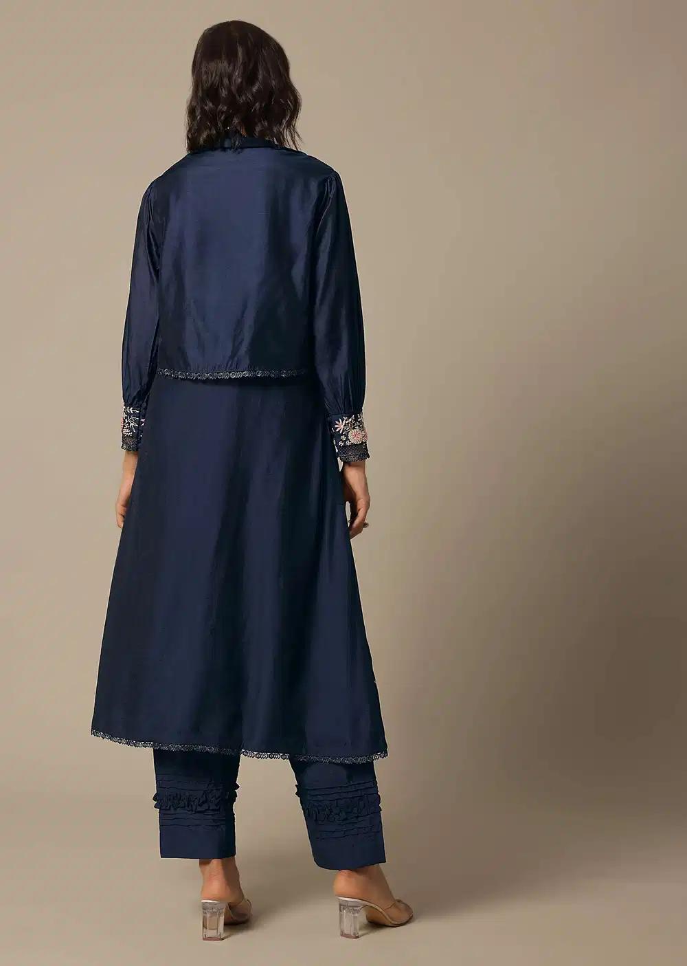 Navy Blue Cotton Pant Ensemble With Pearl Work