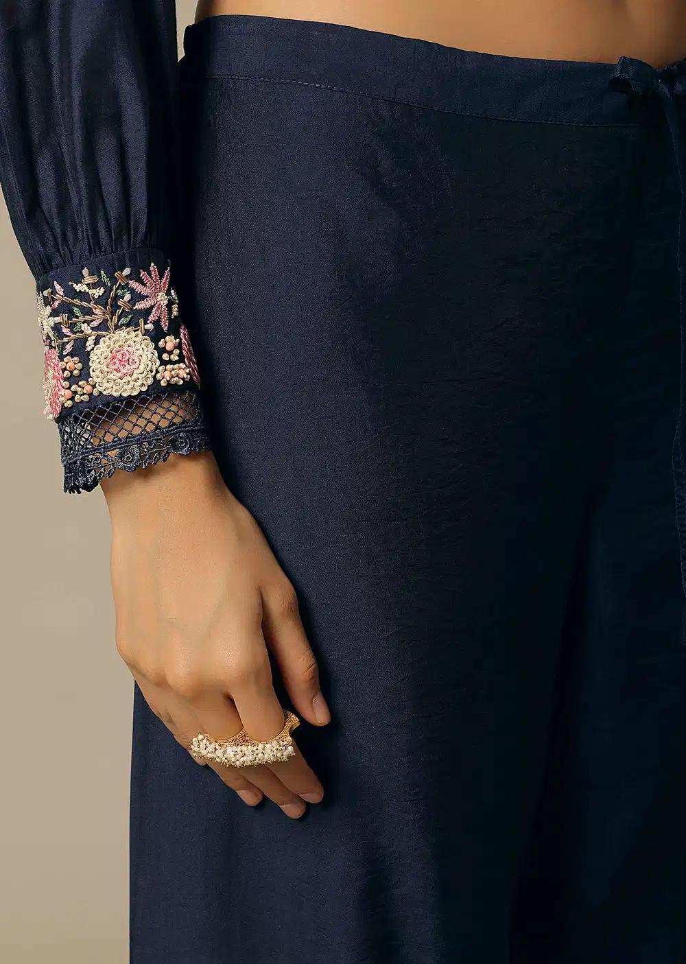 Navy Blue Cotton Pant Ensemble With Pearl Work