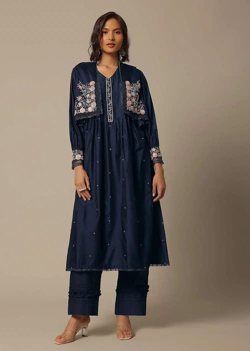Navy Blue Cotton Pant Ensemble With Pearl Work