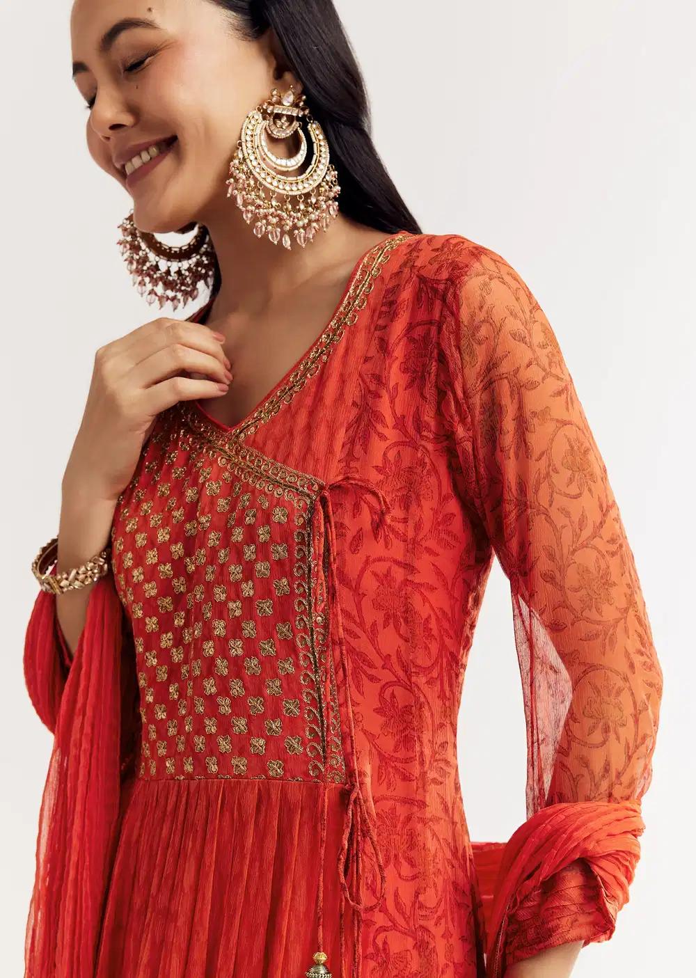 Orange Floral Chiffon Anarkali Kurta Ensemble With Dupatta Outfit