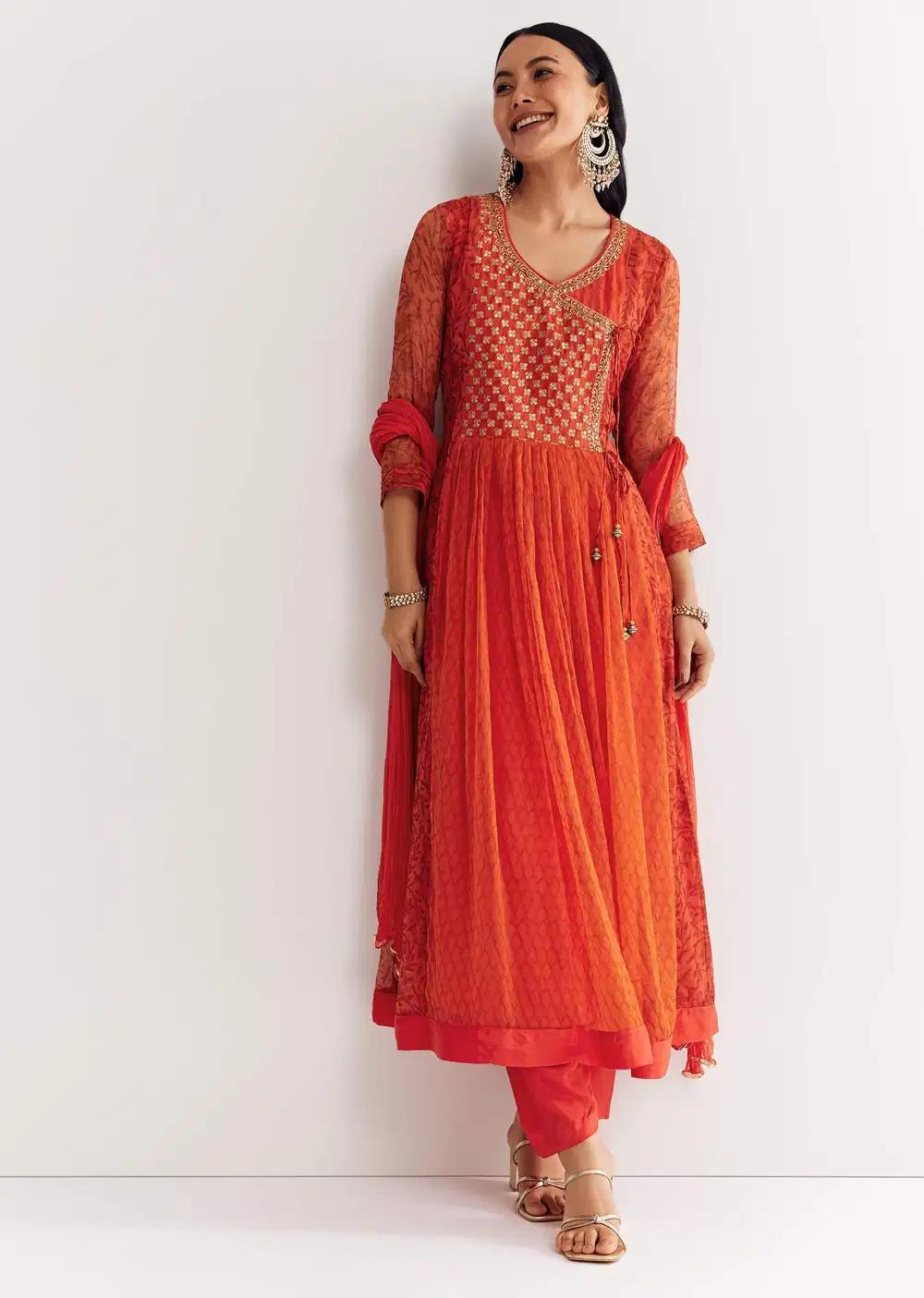 Orange Floral Chiffon Anarkali Kurta Ensemble With Dupatta Outfit