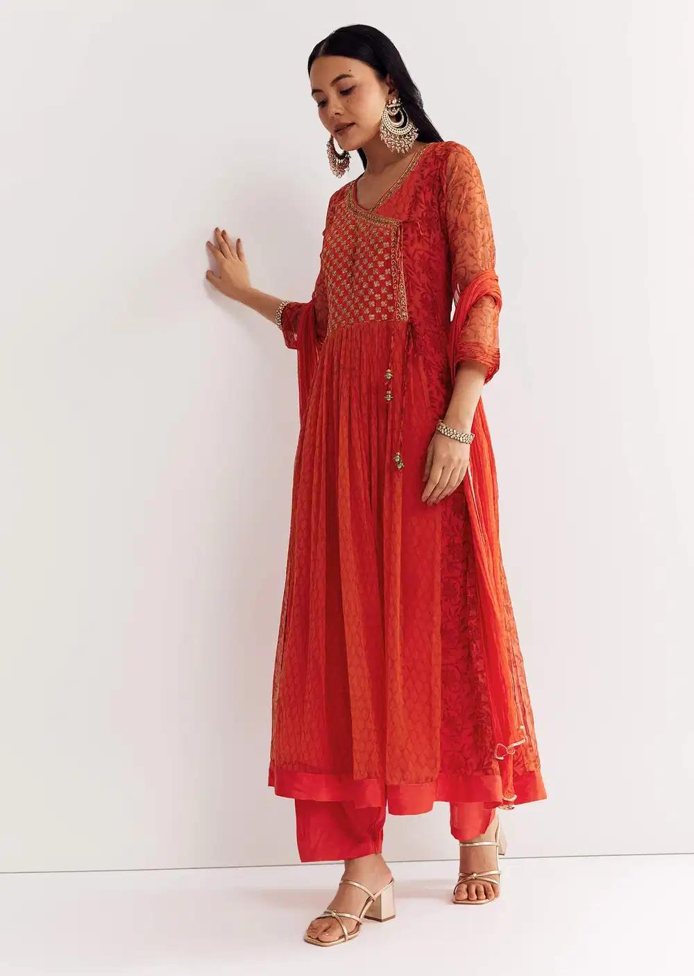 Orange Floral Chiffon Anarkali Kurta Ensemble With Dupatta Outfit