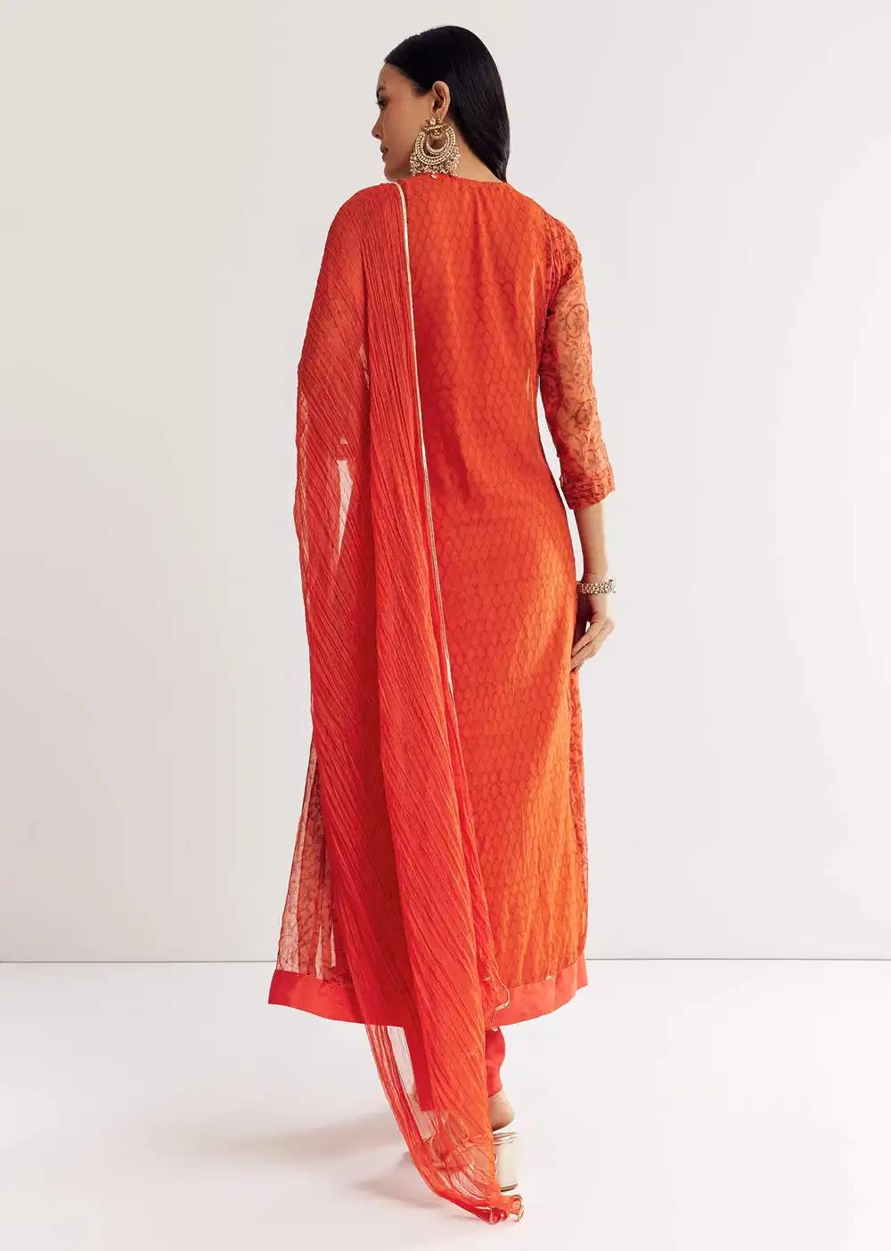 Orange Floral Chiffon Anarkali Kurta Ensemble With Dupatta Outfit