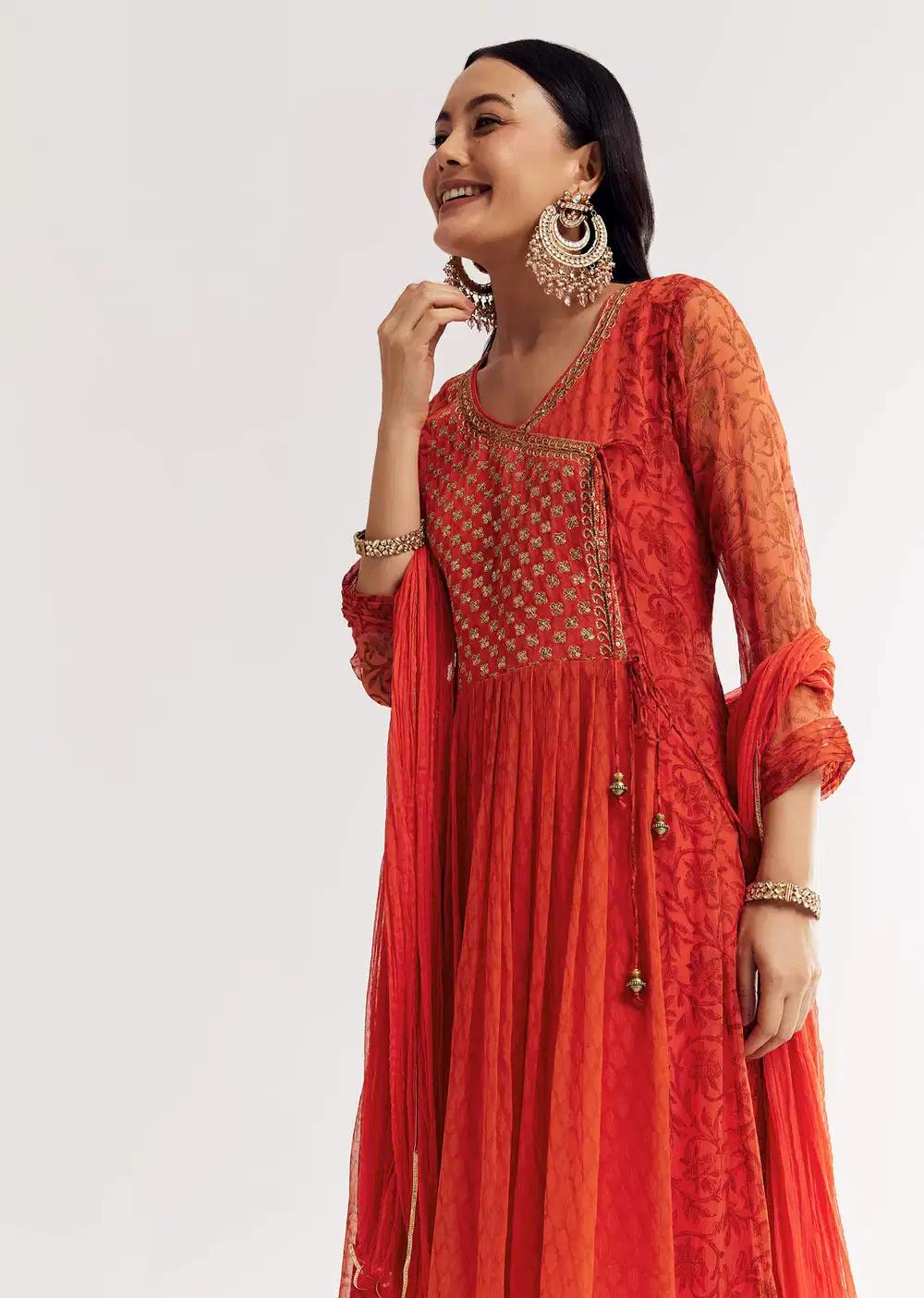 Orange Floral Chiffon Anarkali Kurta Ensemble With Dupatta Outfit