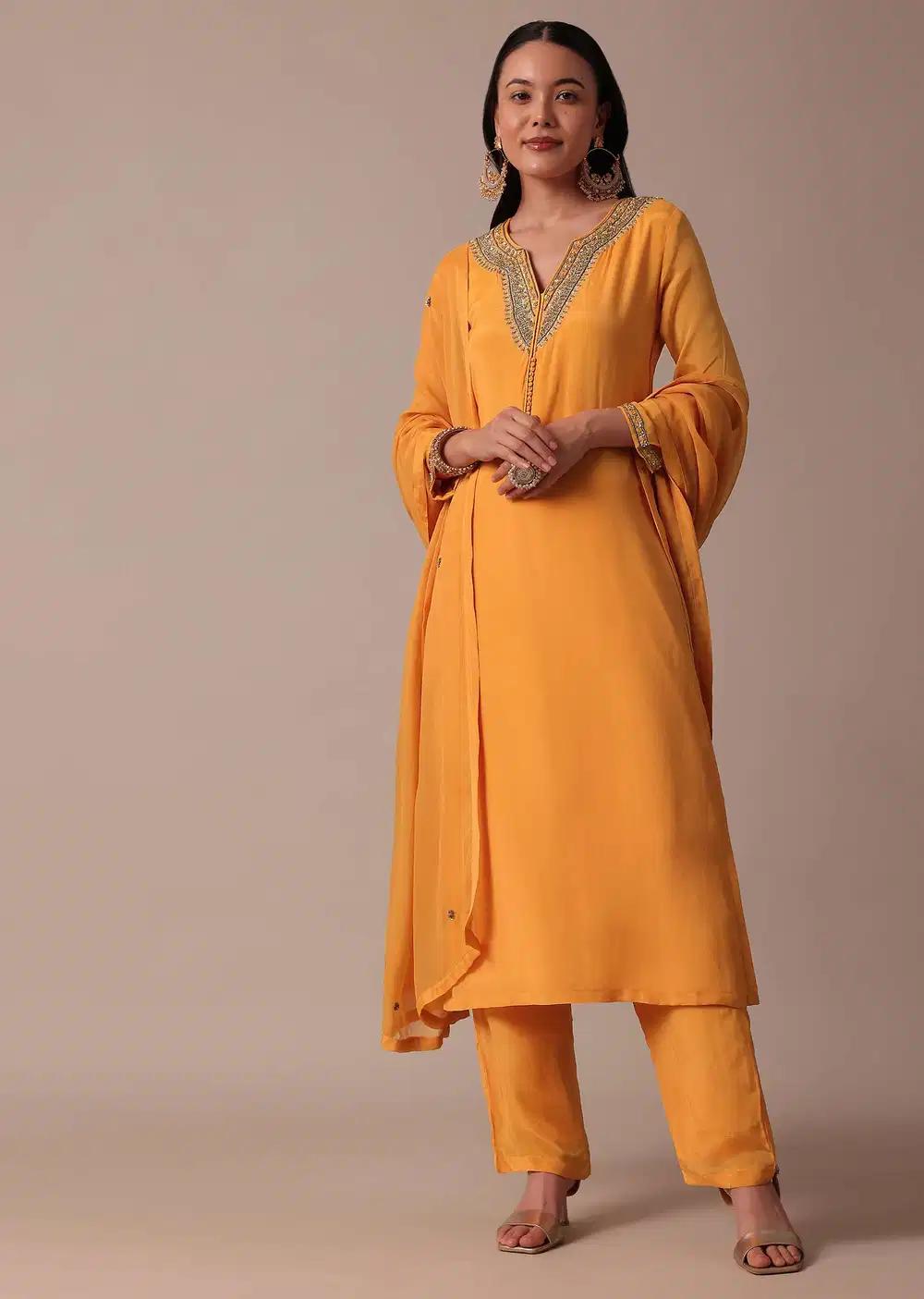 Orange Pant Ensemble With Sequin Work