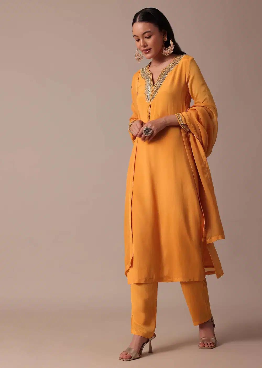 Orange Pant Ensemble With Sequin Work
