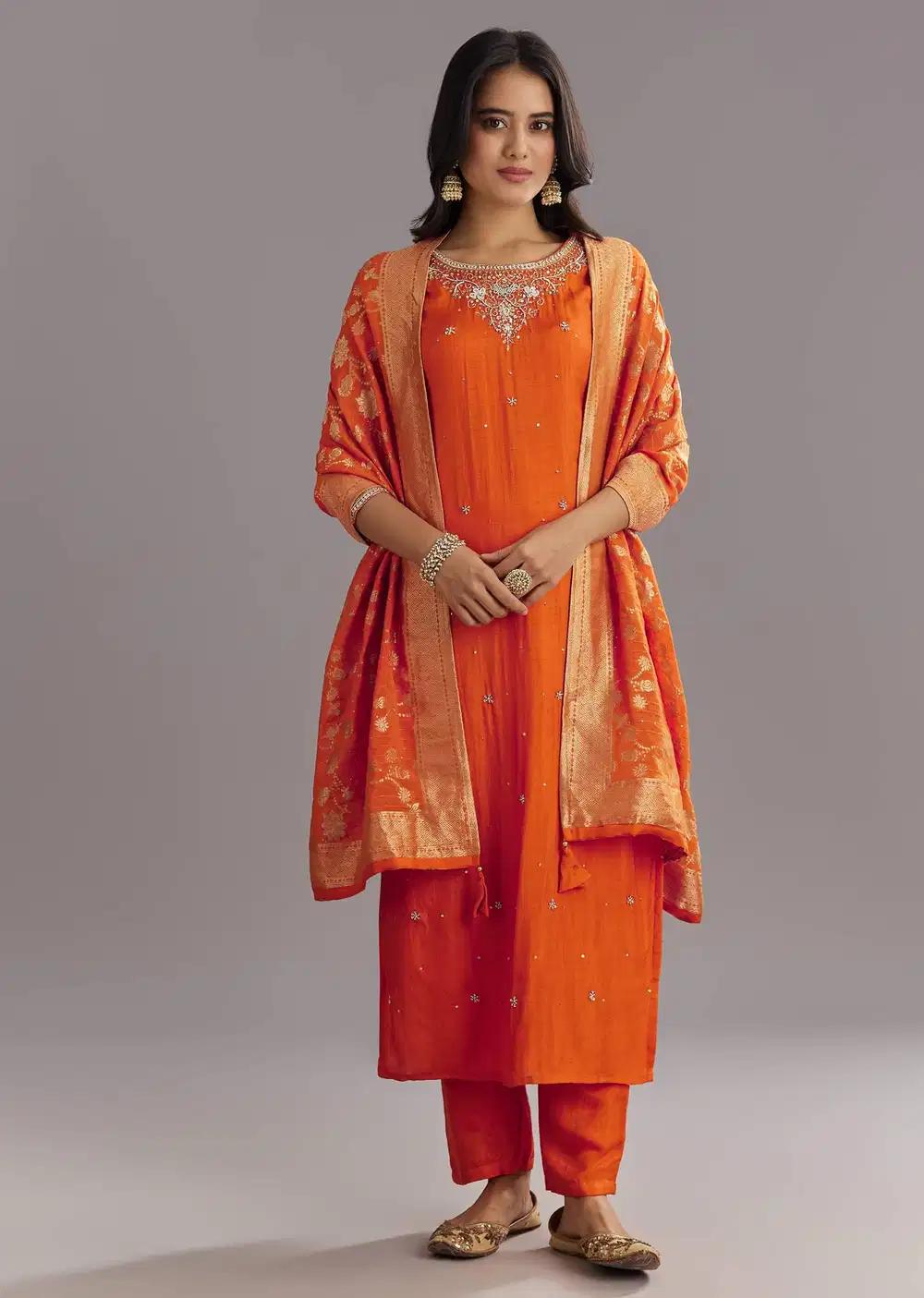 Orange Viscose Silk Kurta Ensemble With Moti Beads And Cut Dana Detailing Outfit