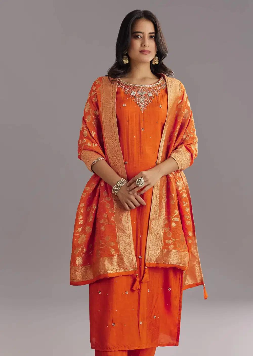 Orange Viscose Silk Kurta Ensemble With Moti Beads And Cut Dana Detailing Outfit