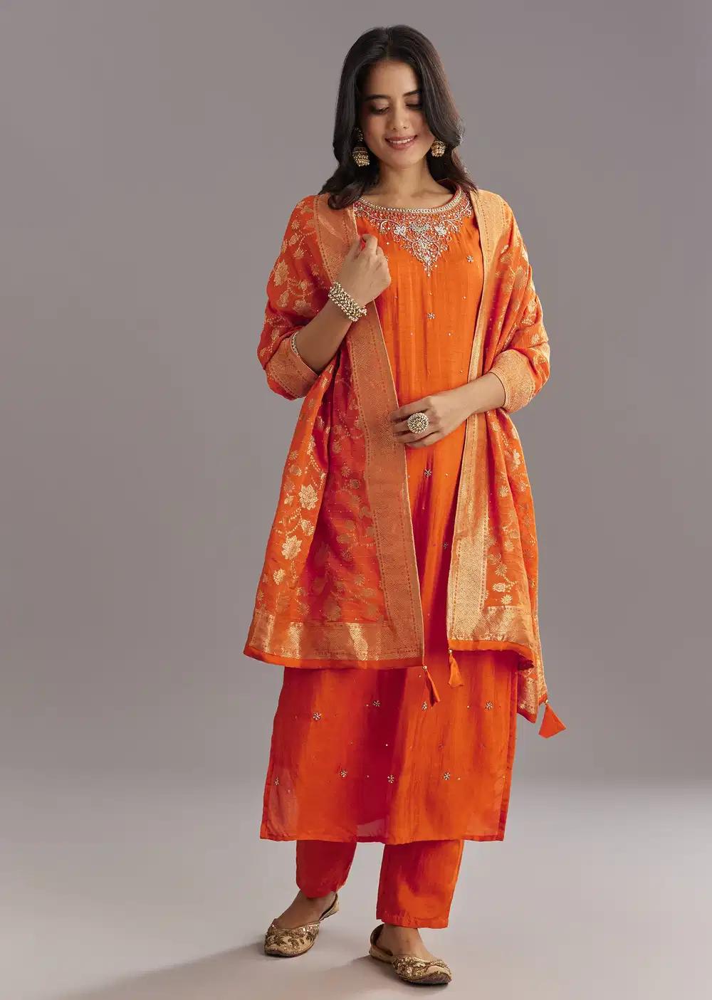 Orange Viscose Silk Kurta Ensemble With Moti Beads And Cut Dana Detailing Outfit