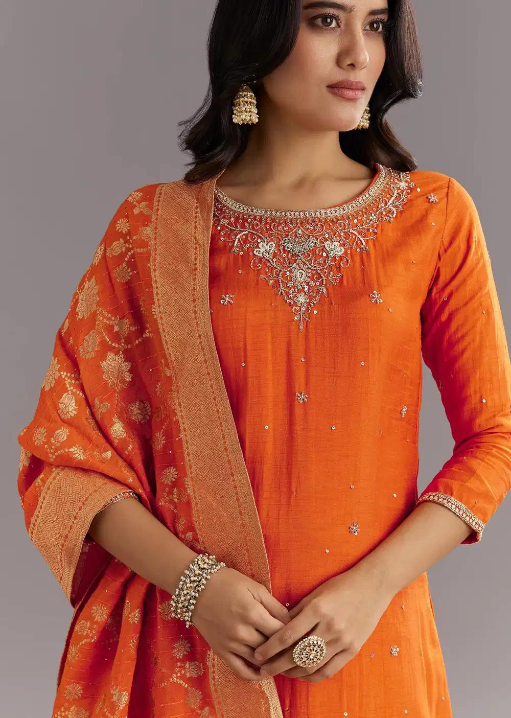 Orange Viscose Silk Kurta Ensemble With Moti Beads And Cut Dana Detailing Outfit