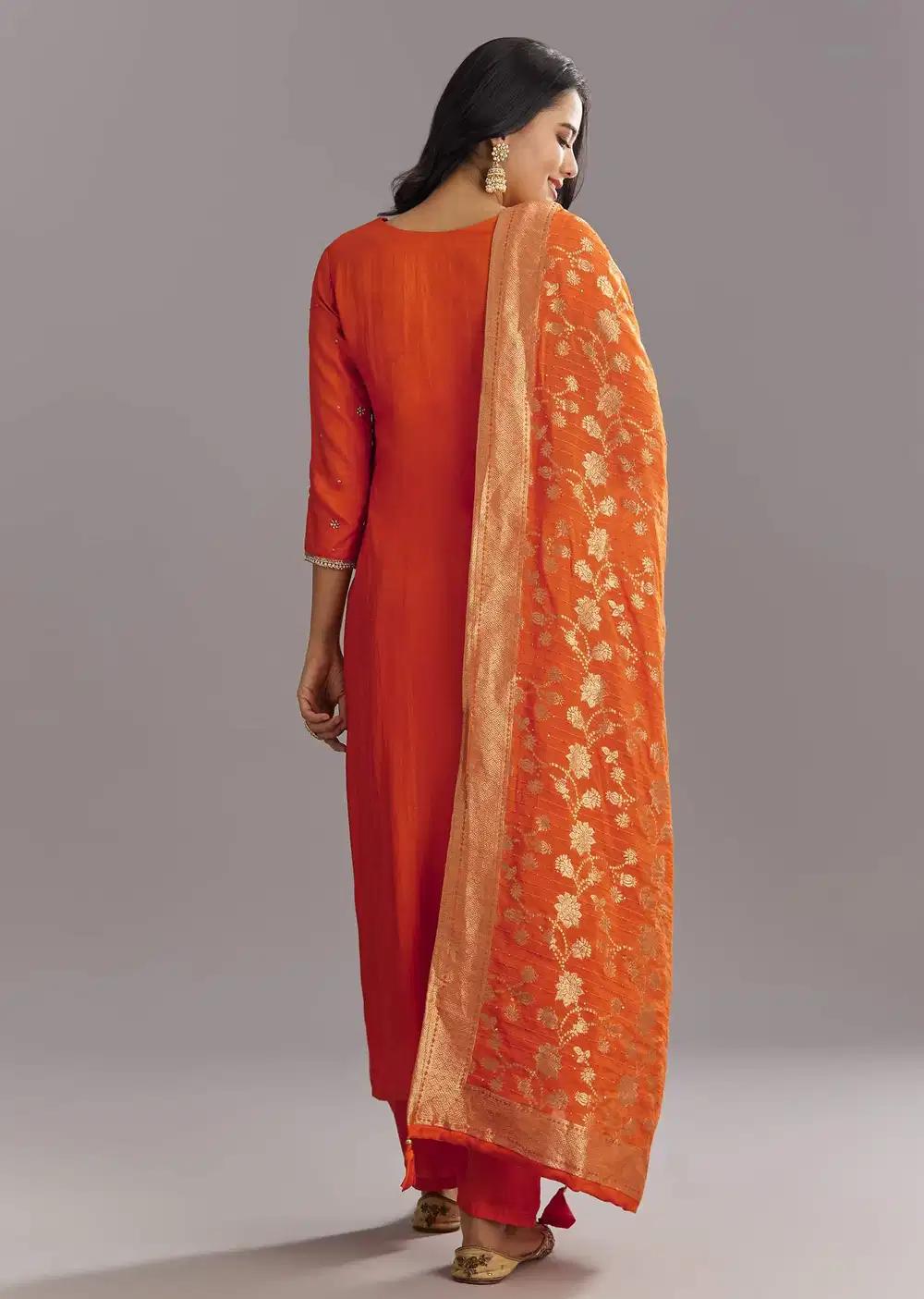 Orange Viscose Silk Kurta Ensemble With Moti Beads And Cut Dana Detailing Outfit