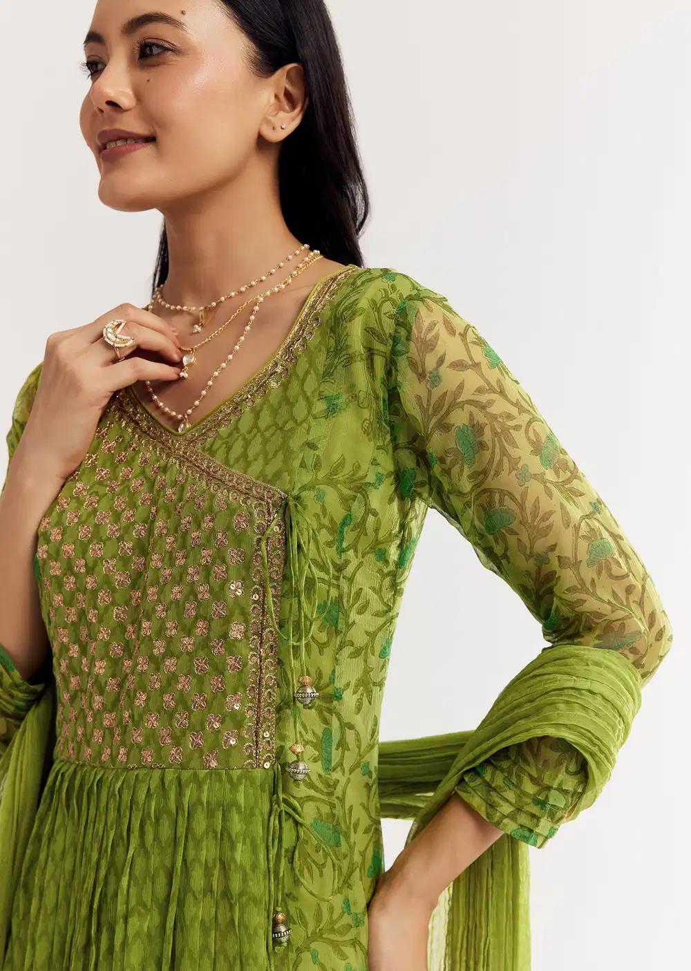 Parrot Green Floral Chiffon Anarkali Kurta Ensemble With Dupatta Outfit