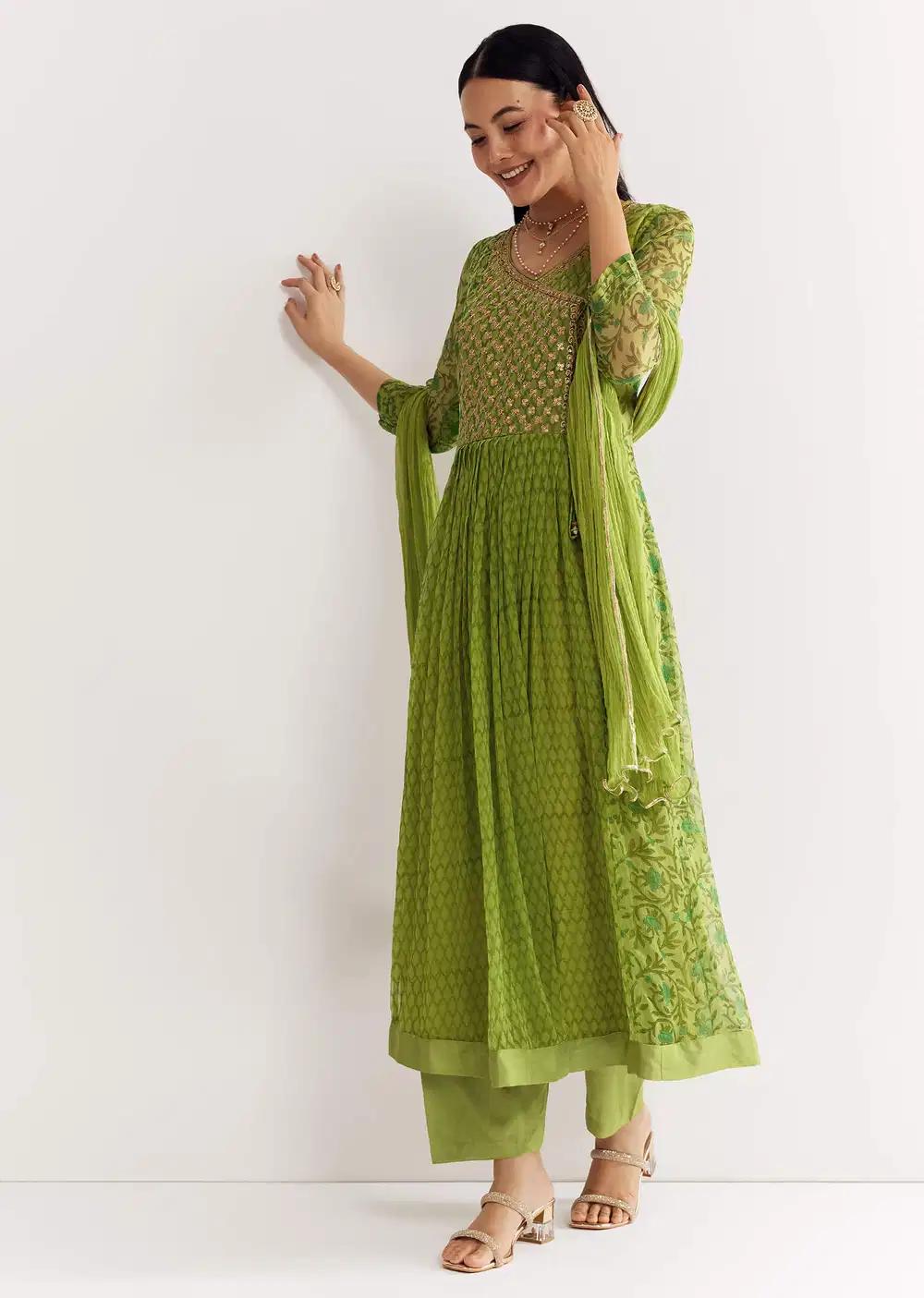 Parrot Green Floral Chiffon Anarkali Kurta Ensemble With Dupatta Outfit