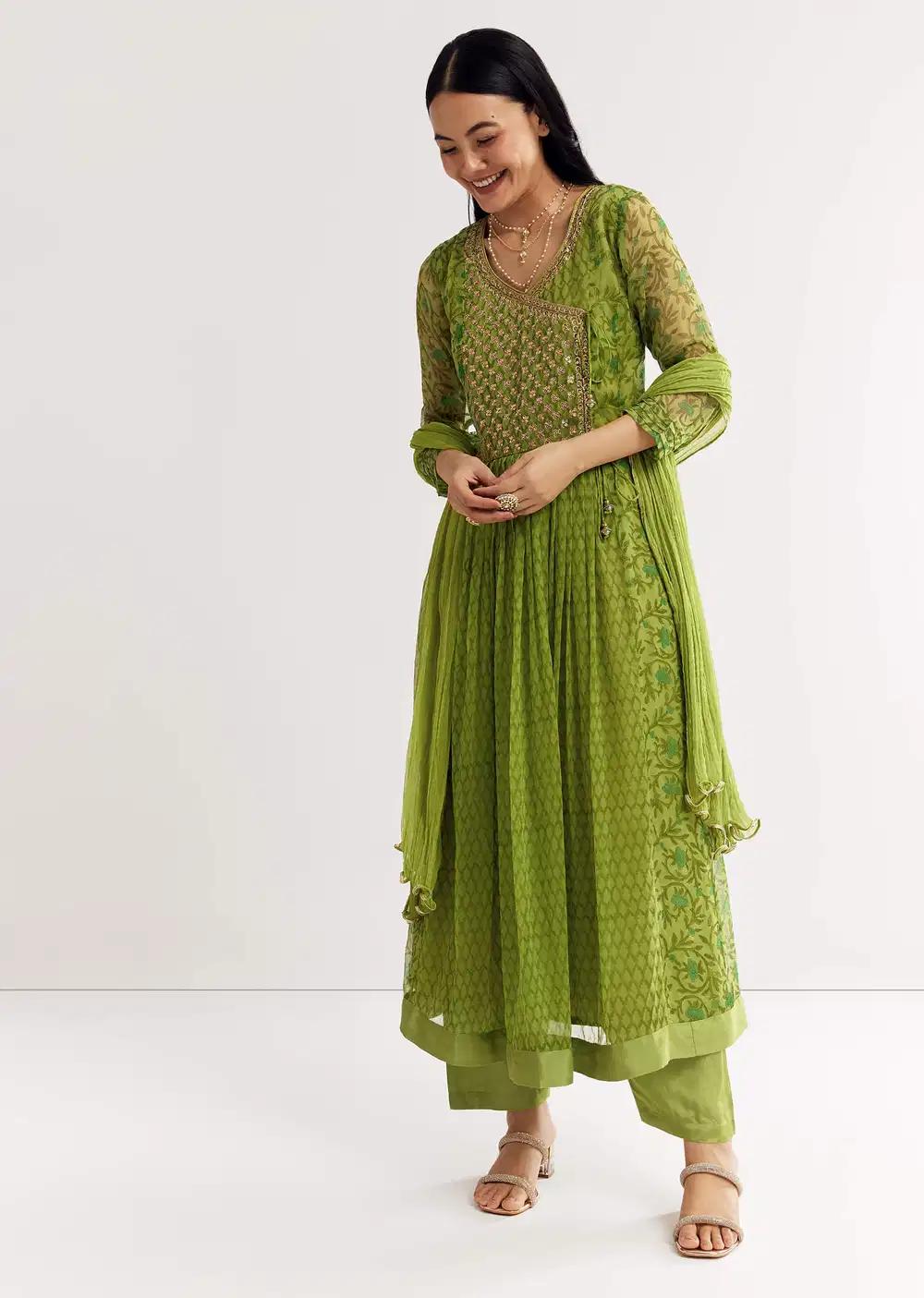 Parrot Green Floral Chiffon Anarkali Kurta Ensemble With Dupatta Outfit
