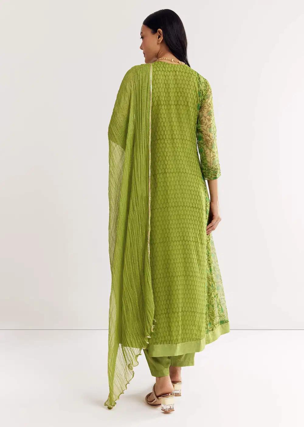 Parrot Green Floral Chiffon Anarkali Kurta Ensemble With Dupatta Outfit