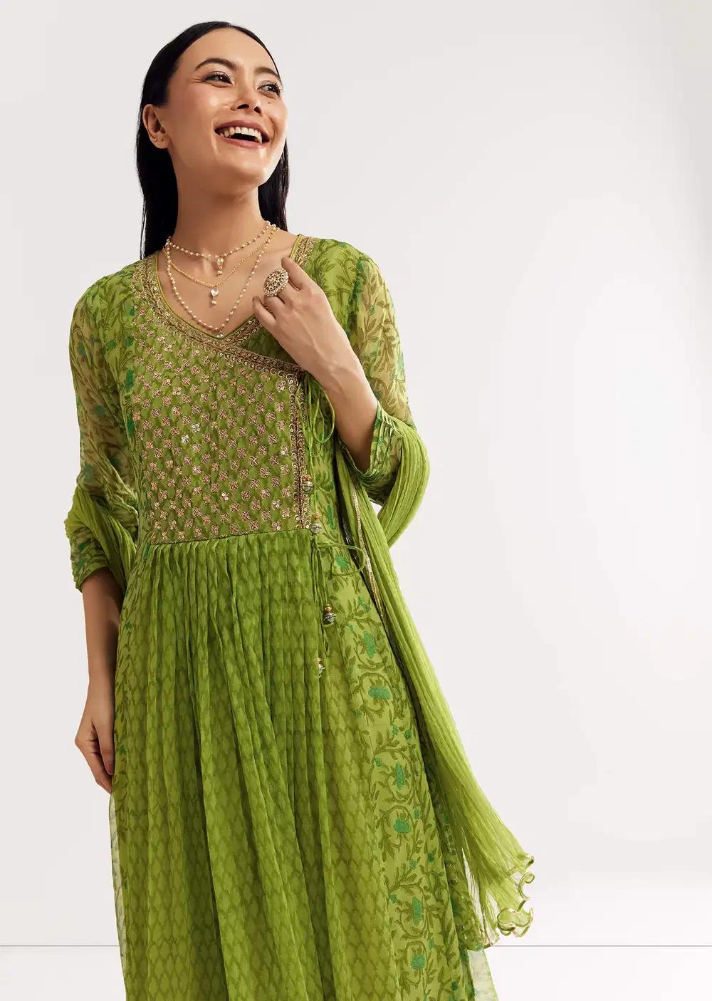 Parrot Green Floral Chiffon Anarkali Kurta Ensemble With Dupatta Outfit