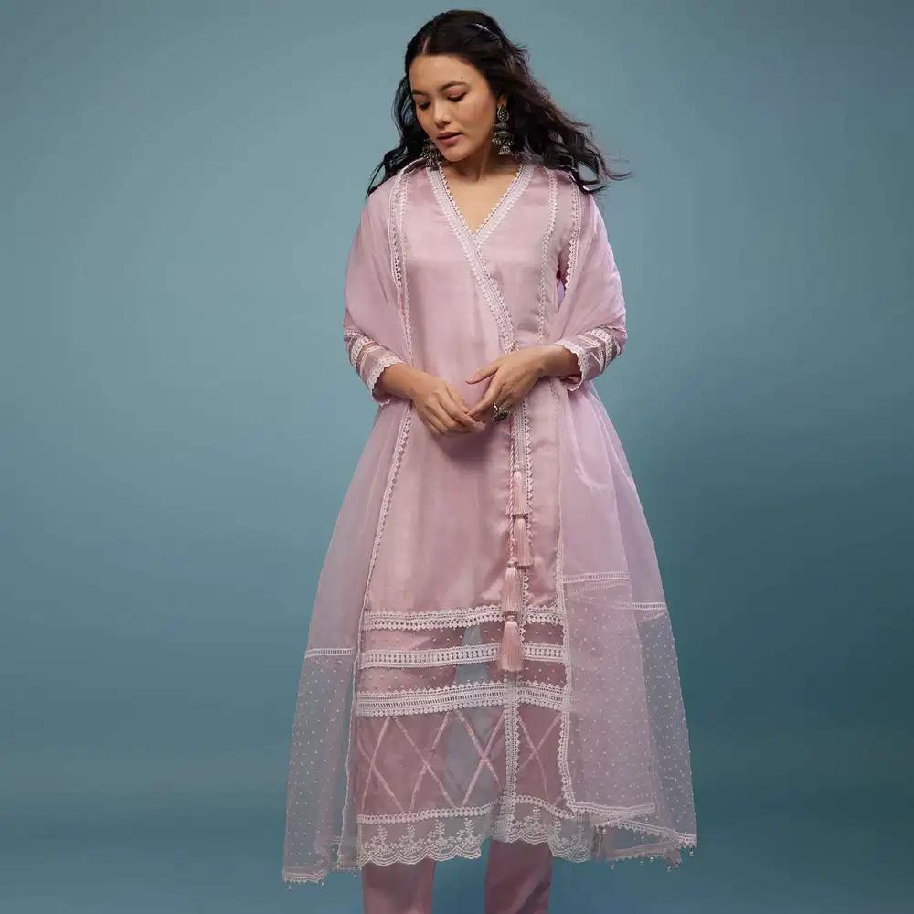 Petal Pink Pant Suit Ensemble In Viscose Silk
