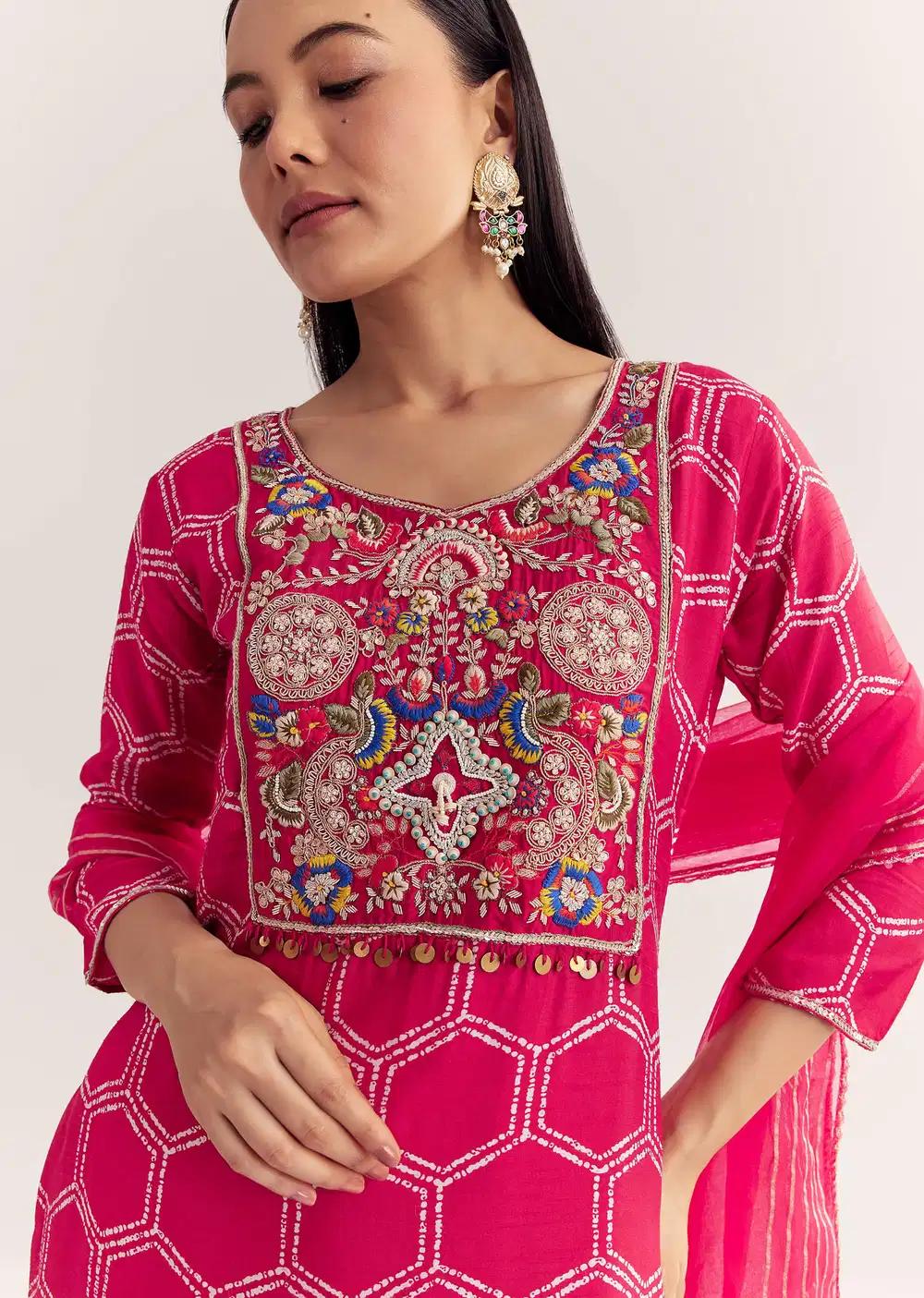 Pink Dola Silk Printed Kurta Dupatta Ensemble With Embroidered Neckline Outfit