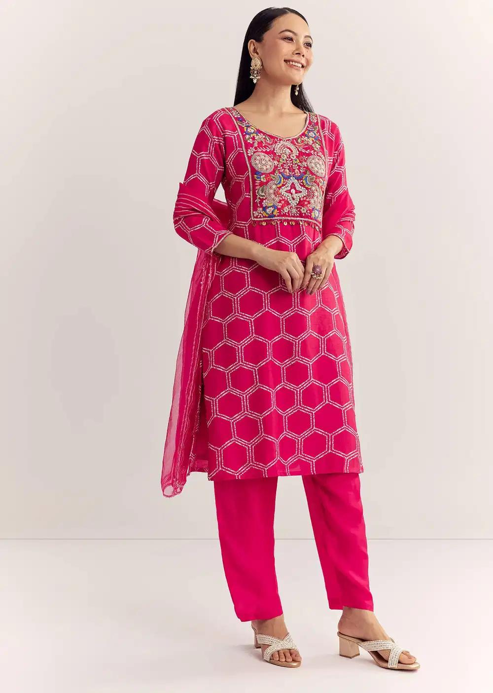 Pink Dola Silk Printed Kurta Dupatta Ensemble With Embroidered Neckline Outfit