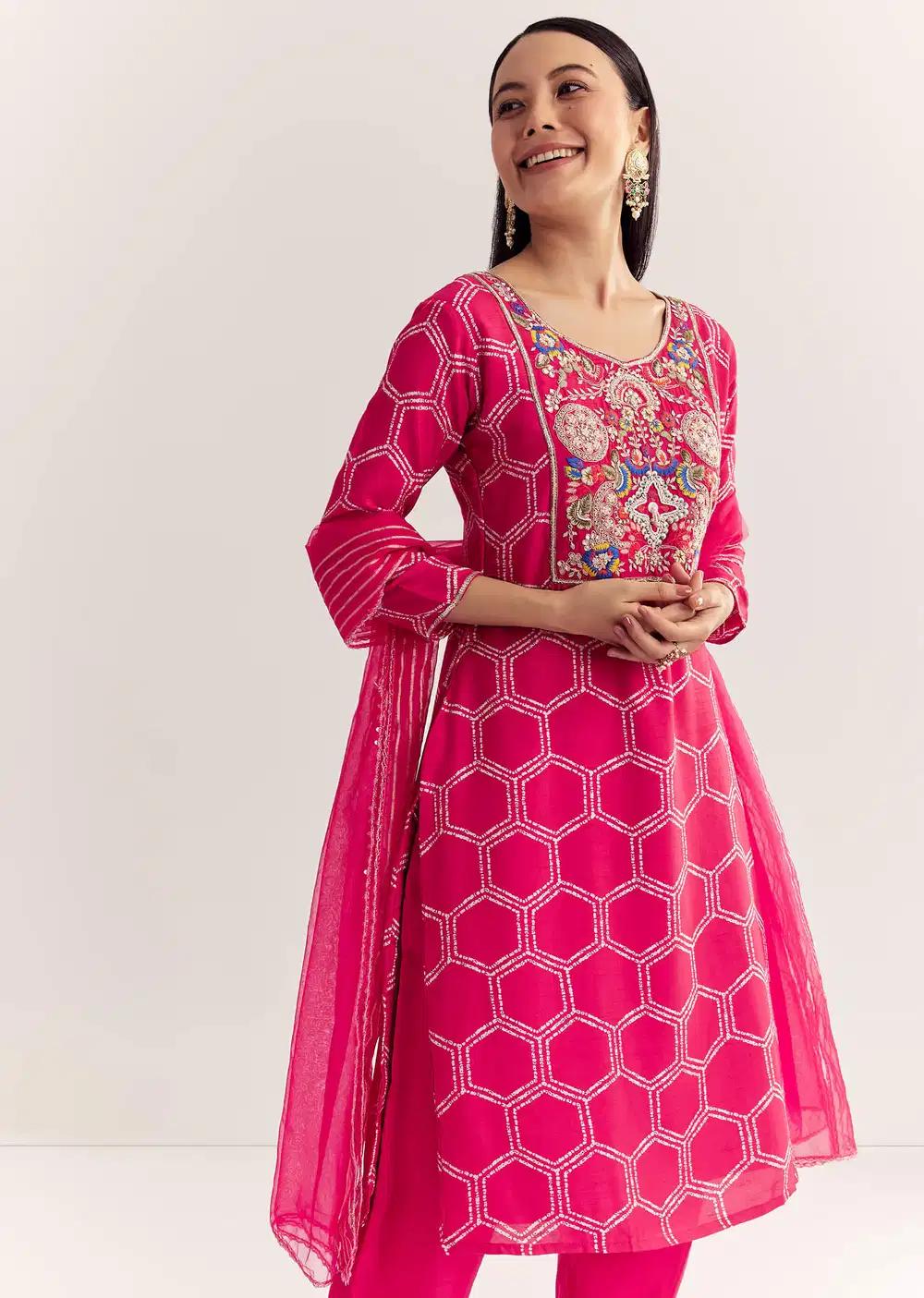 Pink Dola Silk Printed Kurta Dupatta Ensemble With Embroidered Neckline Outfit