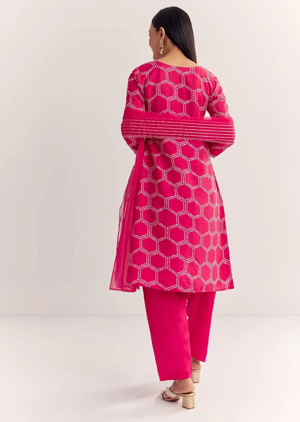 Pink Dola Silk Printed Kurta Dupatta Ensemble With Embroidered Neckline Outfit