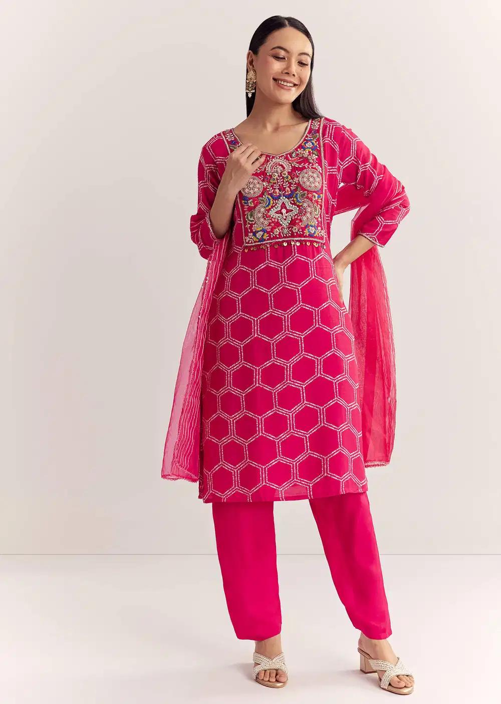 Pink Dola Silk Printed Kurta Dupatta Ensemble With Embroidered Neckline Outfit