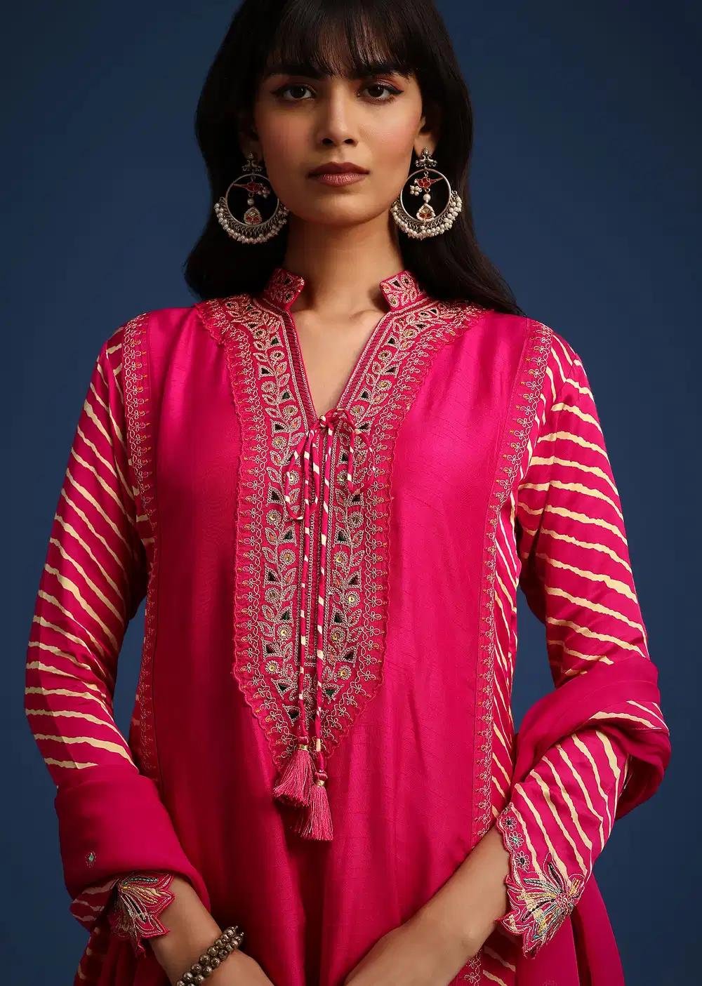 Pink Embroidered Kurta Ensemble With Leheriya Print Panel In Raw Silk Outfit