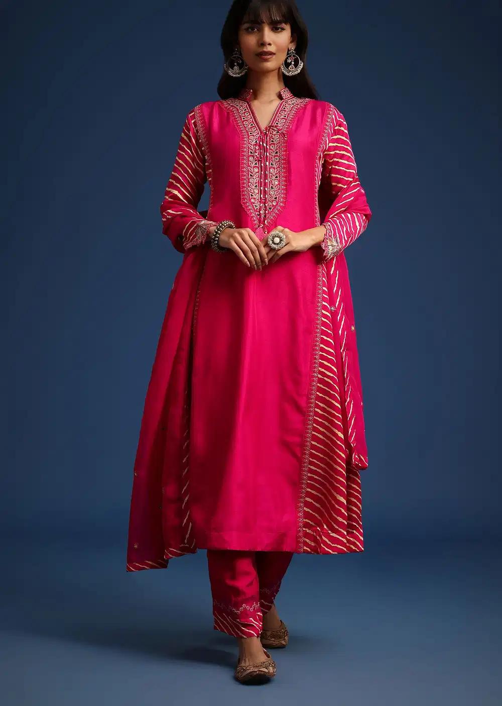 Pink Embroidered Kurta Ensemble With Leheriya Print Panel In Raw Silk Outfit