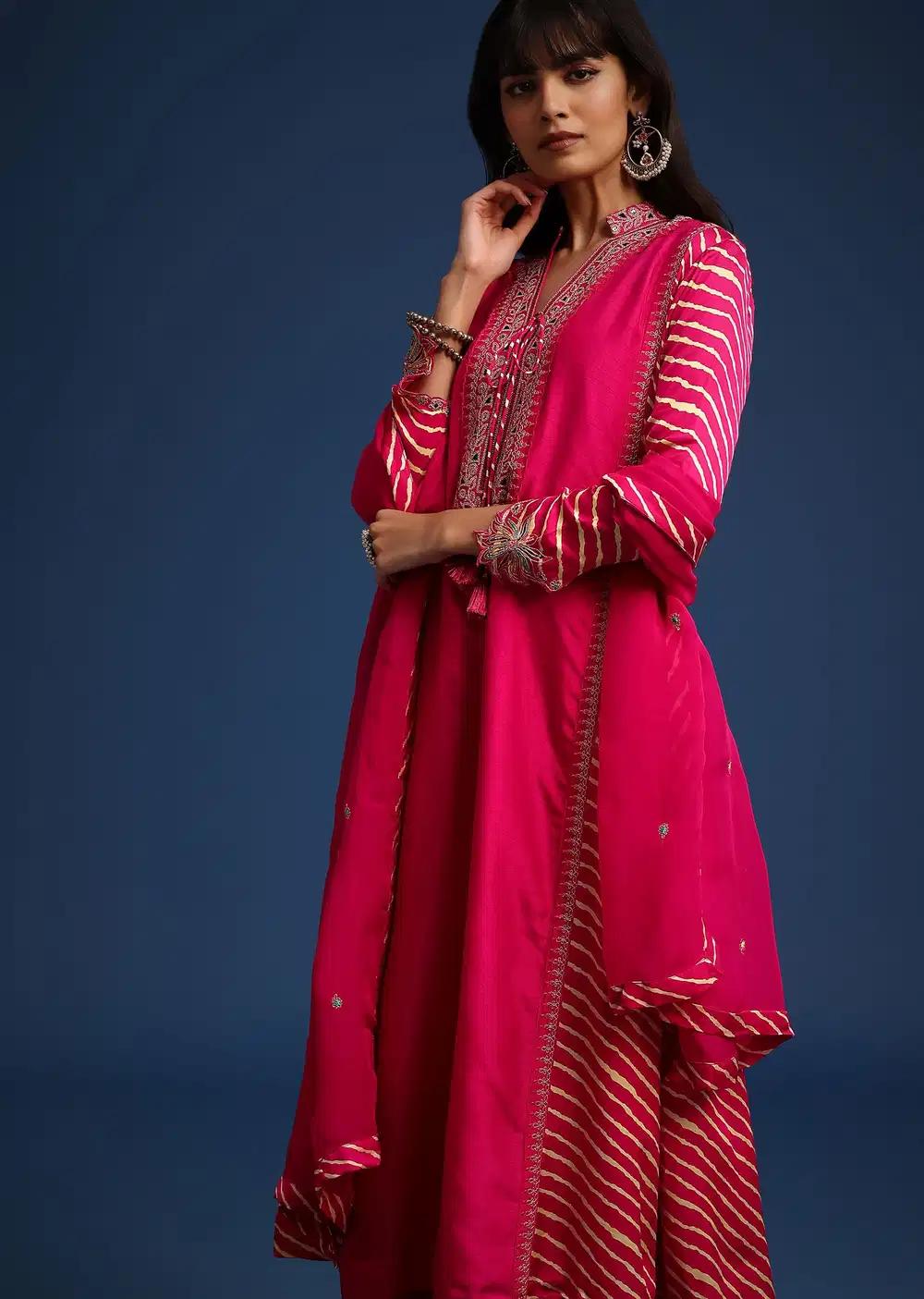 Pink Embroidered Kurta Ensemble With Leheriya Print Panel In Raw Silk Outfit