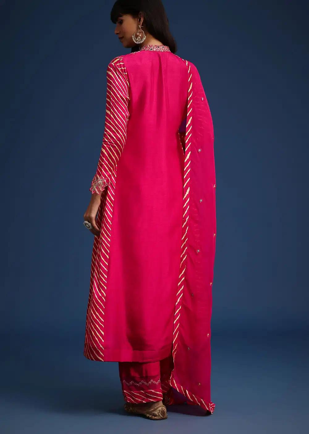 Pink Embroidered Kurta Ensemble With Leheriya Print Panel In Raw Silk Outfit