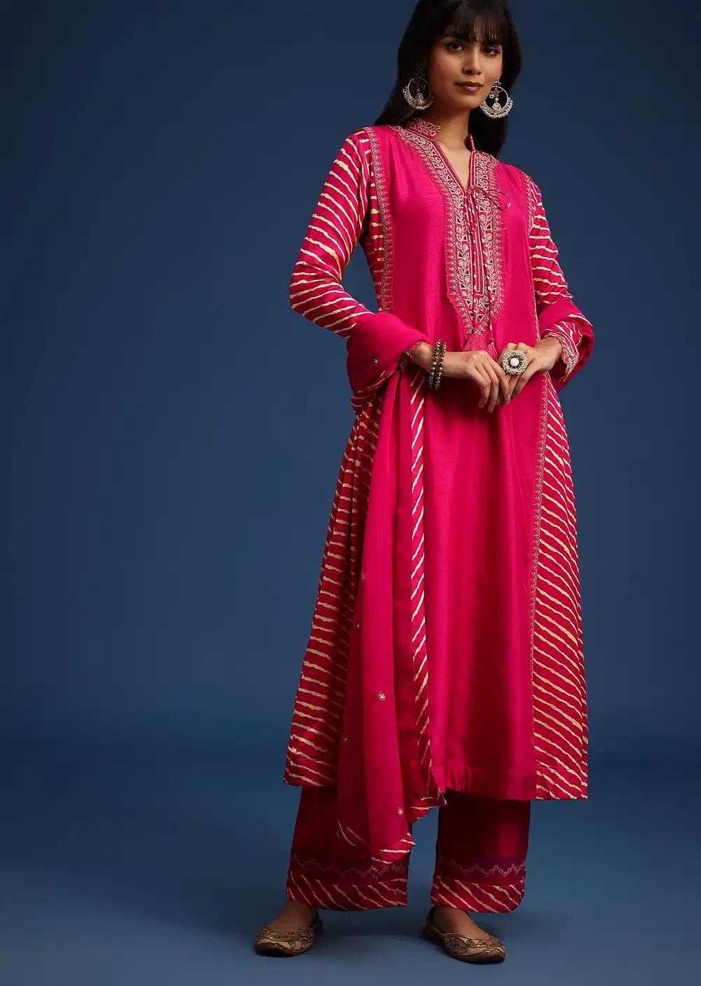 Pink Embroidered Kurta Ensemble With Leheriya Print Panel In Raw Silk Outfit