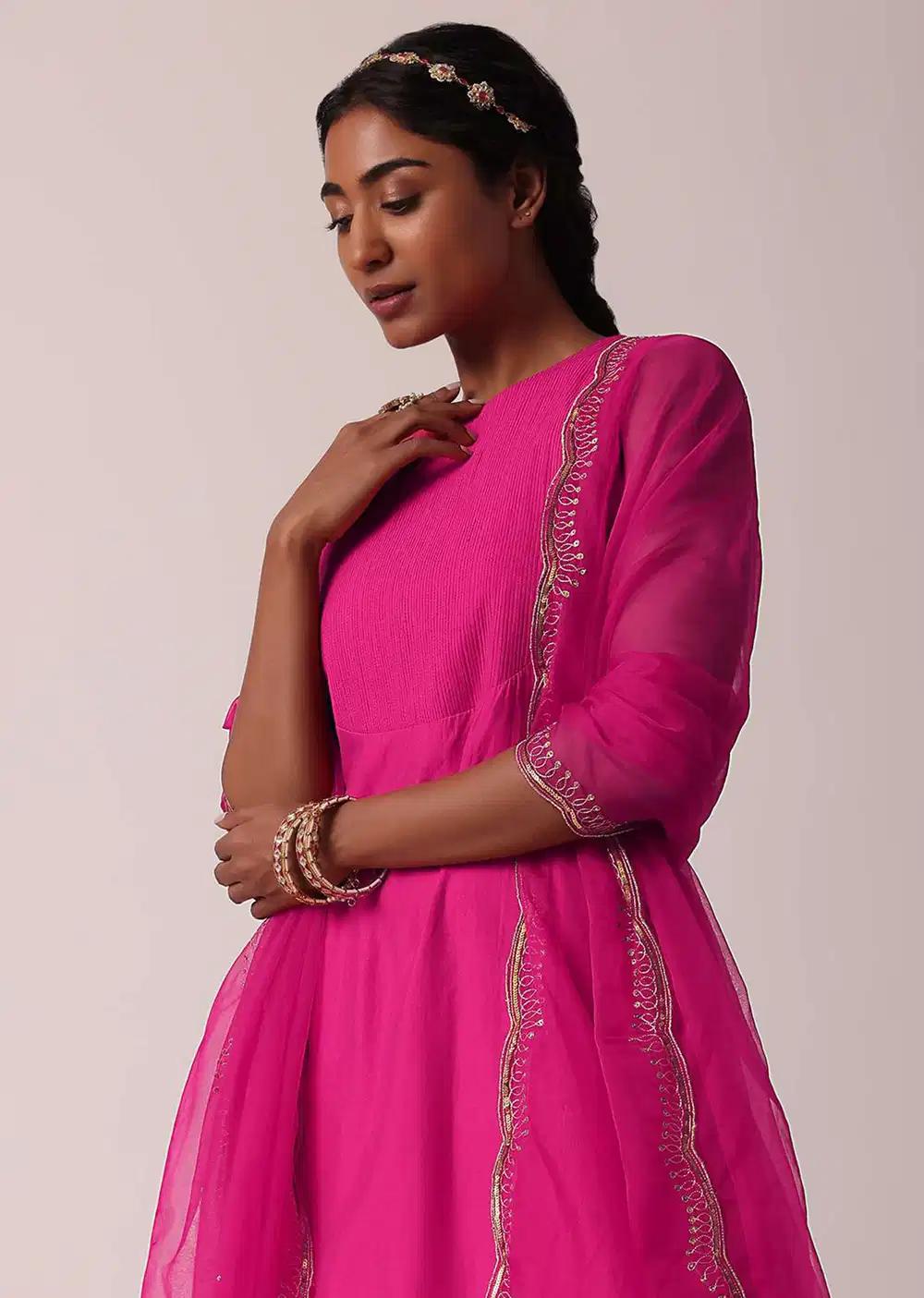 Pink Embroidered Palazzo Ensemble With Kurta In Cotton Outfit
