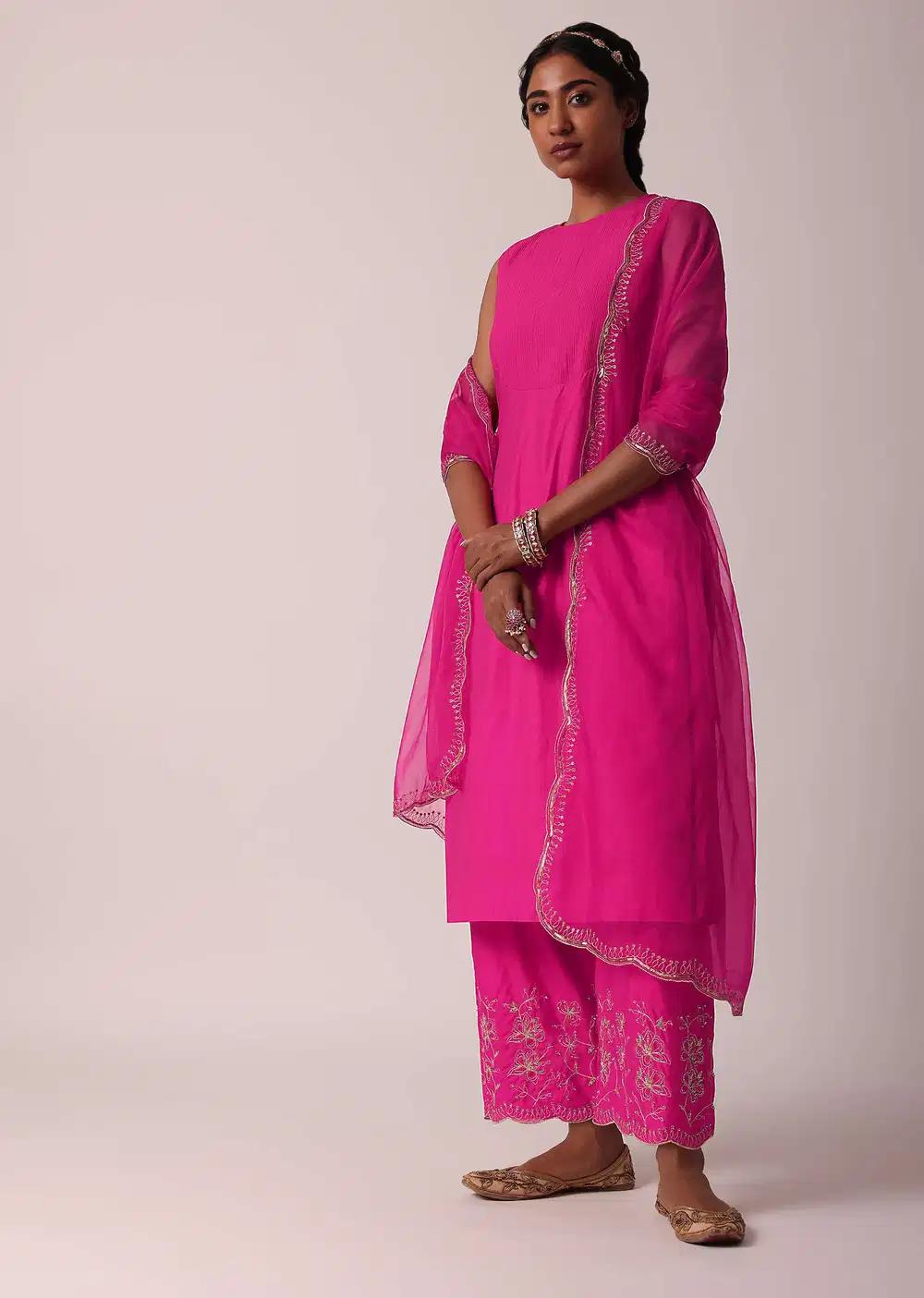 Pink Embroidered Palazzo Ensemble With Kurta In Cotton Outfit