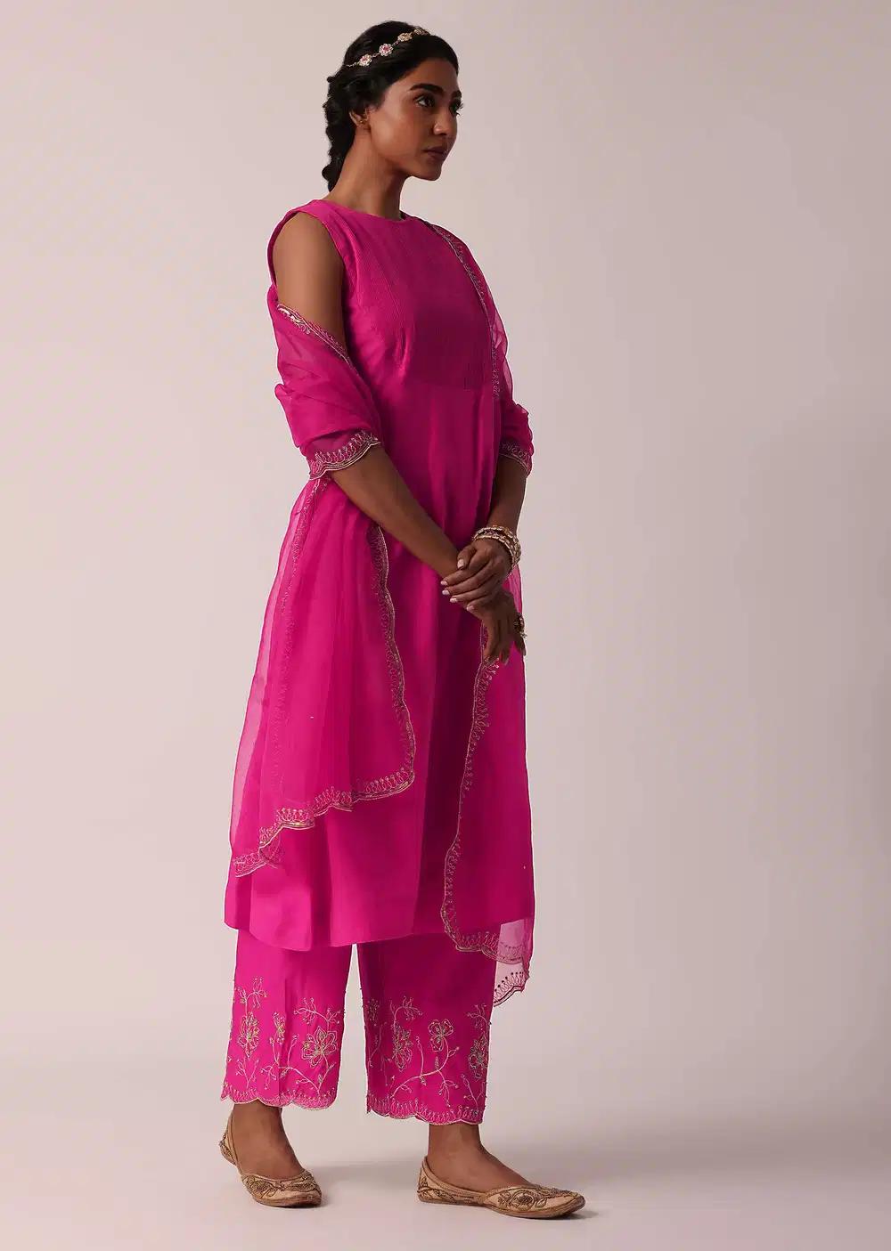 Pink Embroidered Palazzo Ensemble With Kurta In Cotton Outfit