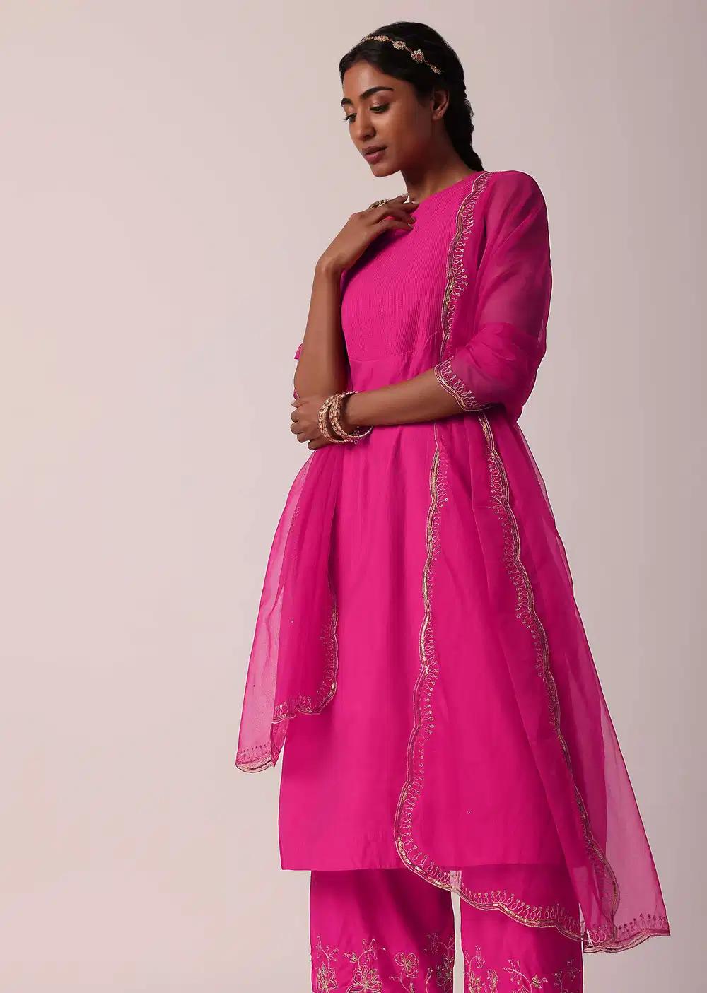 Pink Embroidered Palazzo Ensemble With Kurta In Cotton Outfit