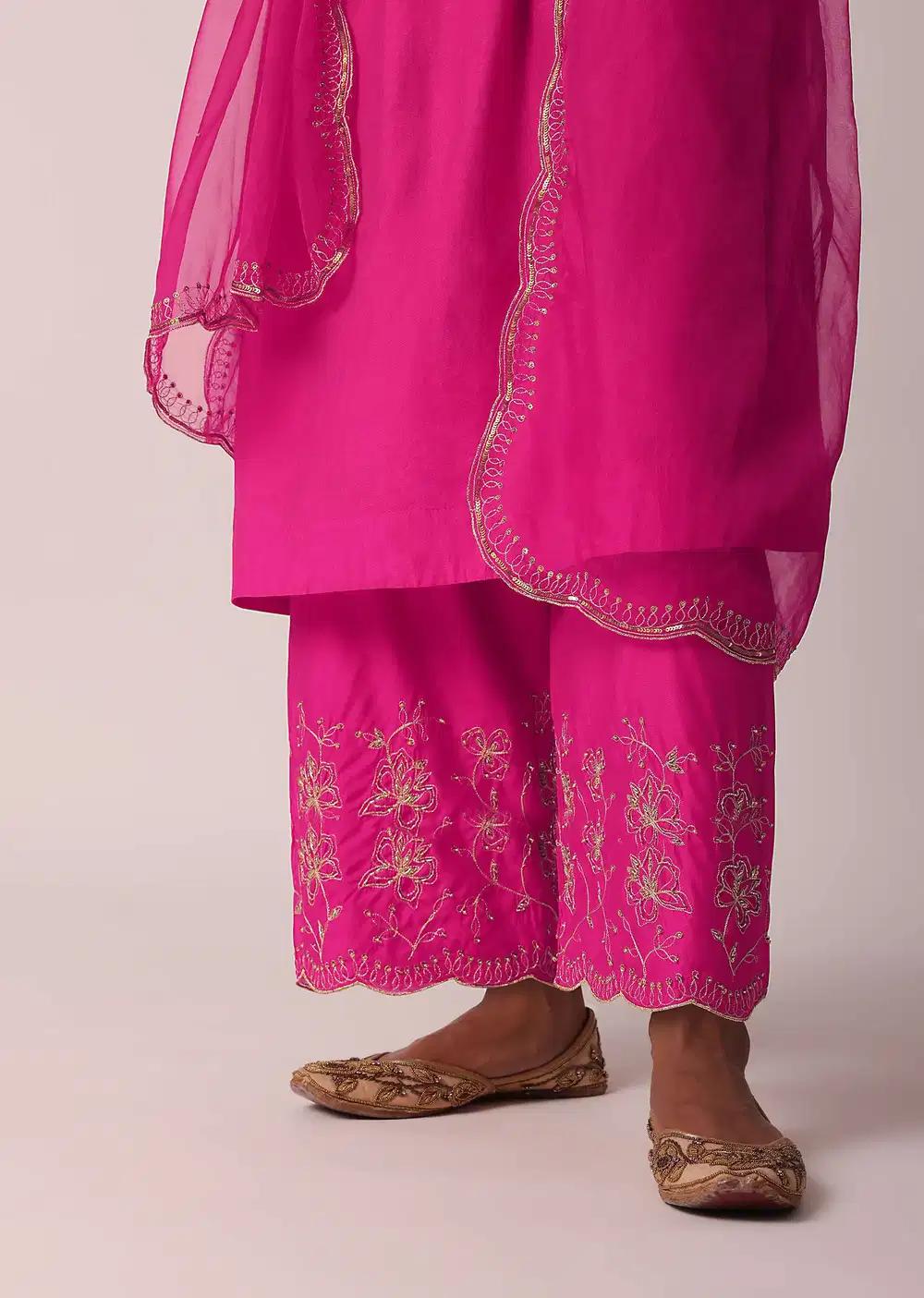 Pink Embroidered Palazzo Ensemble With Kurta In Cotton Outfit