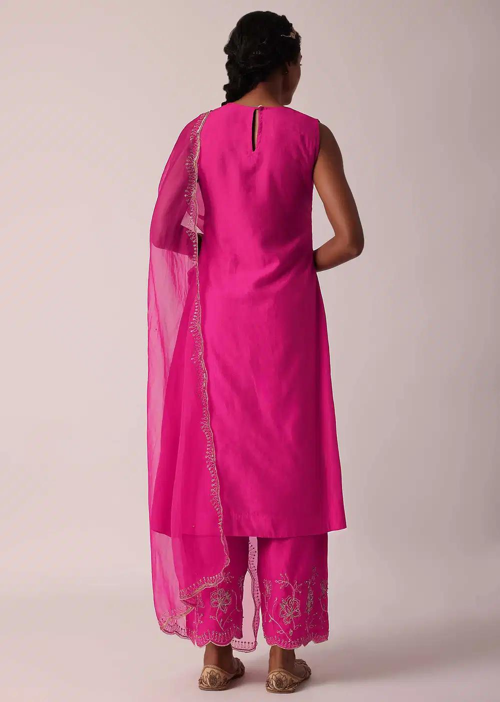 Pink Embroidered Palazzo Ensemble With Kurta In Cotton Outfit