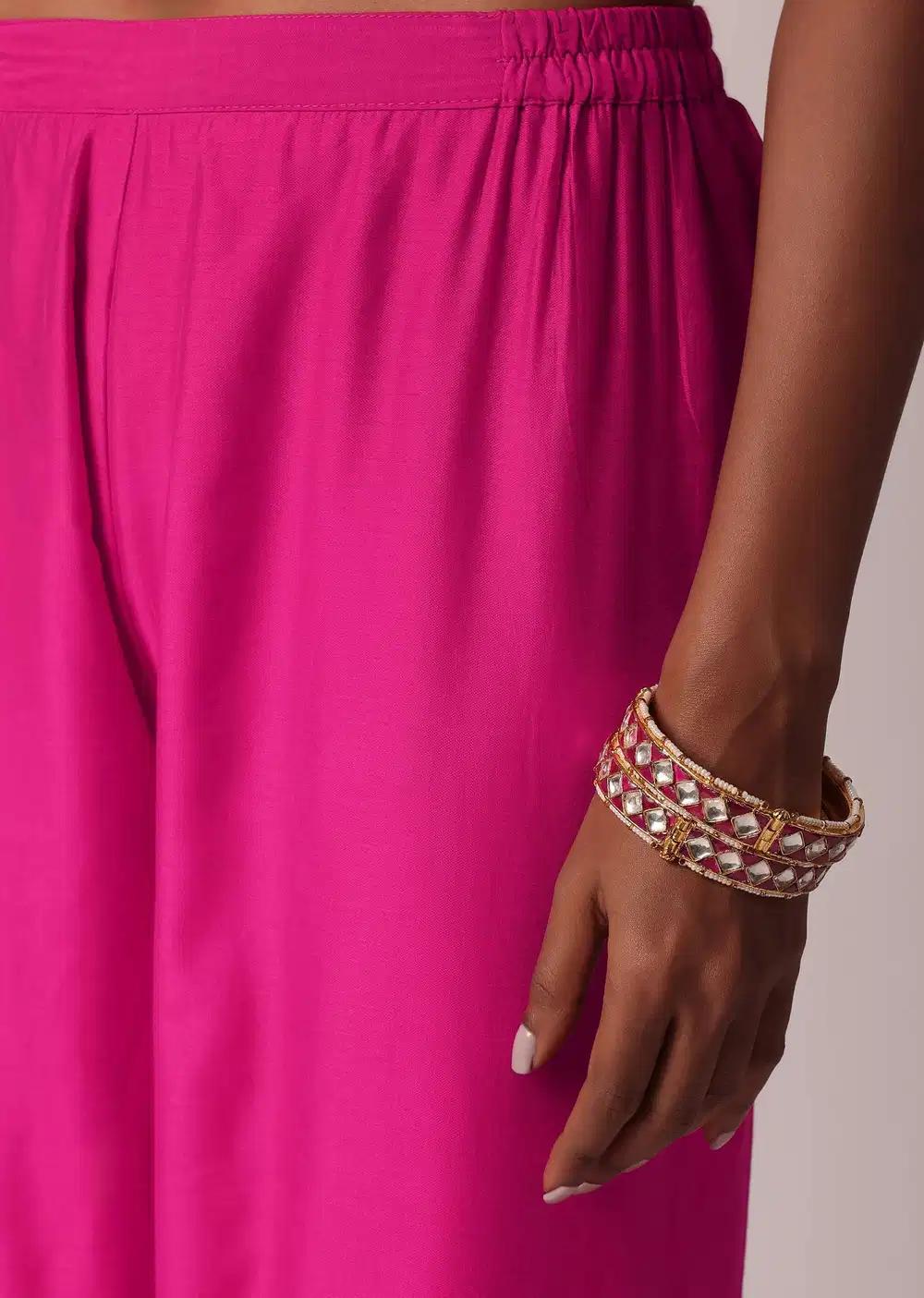 Pink Embroidered Palazzo Ensemble With Kurta In Cotton Outfit