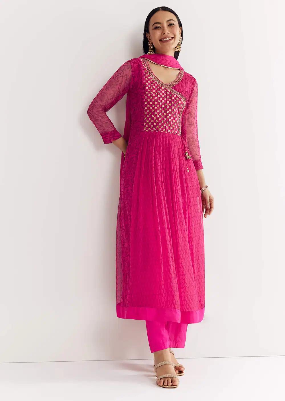 Pink Floral Chiffon Anarkali Kurta Ensemble With Dupatta Outfit