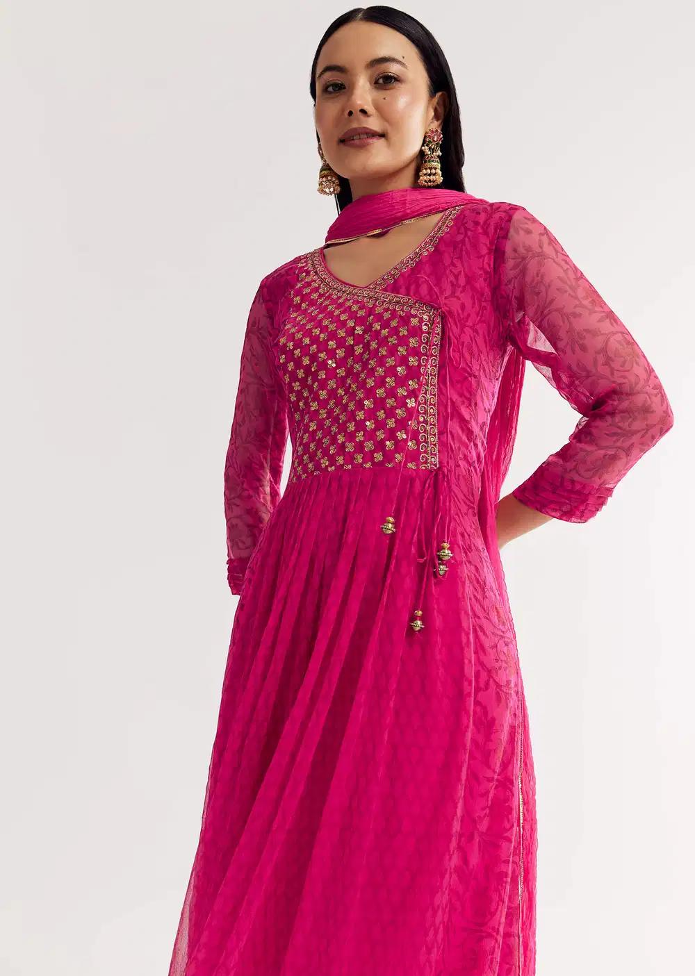Pink Floral Chiffon Anarkali Kurta Ensemble With Dupatta Outfit