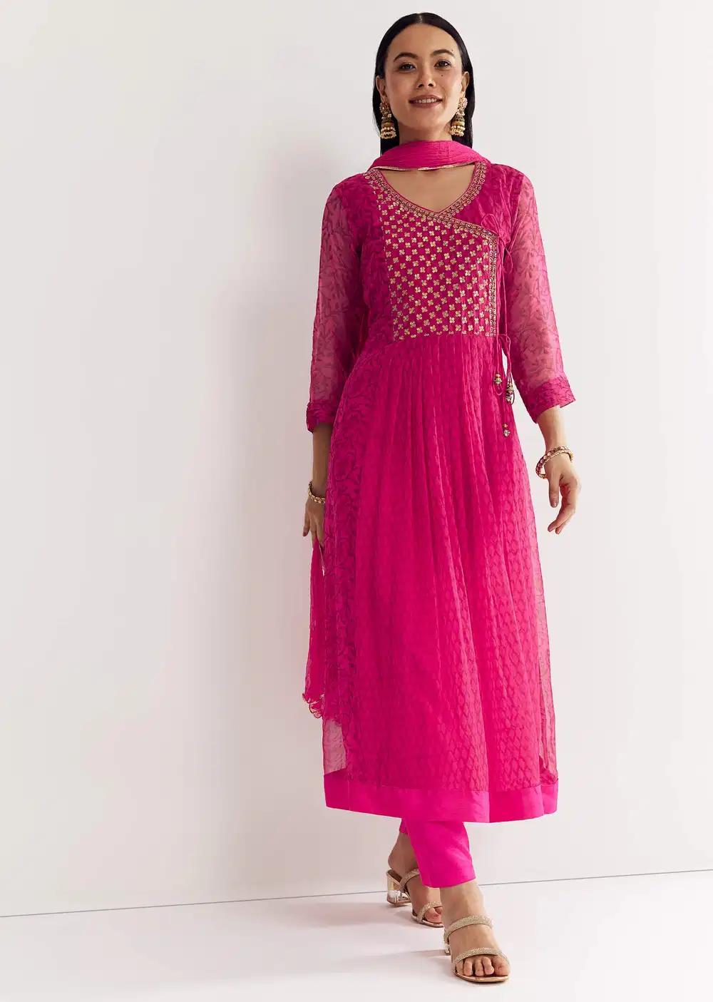 Pink Floral Chiffon Anarkali Kurta Ensemble With Dupatta Outfit